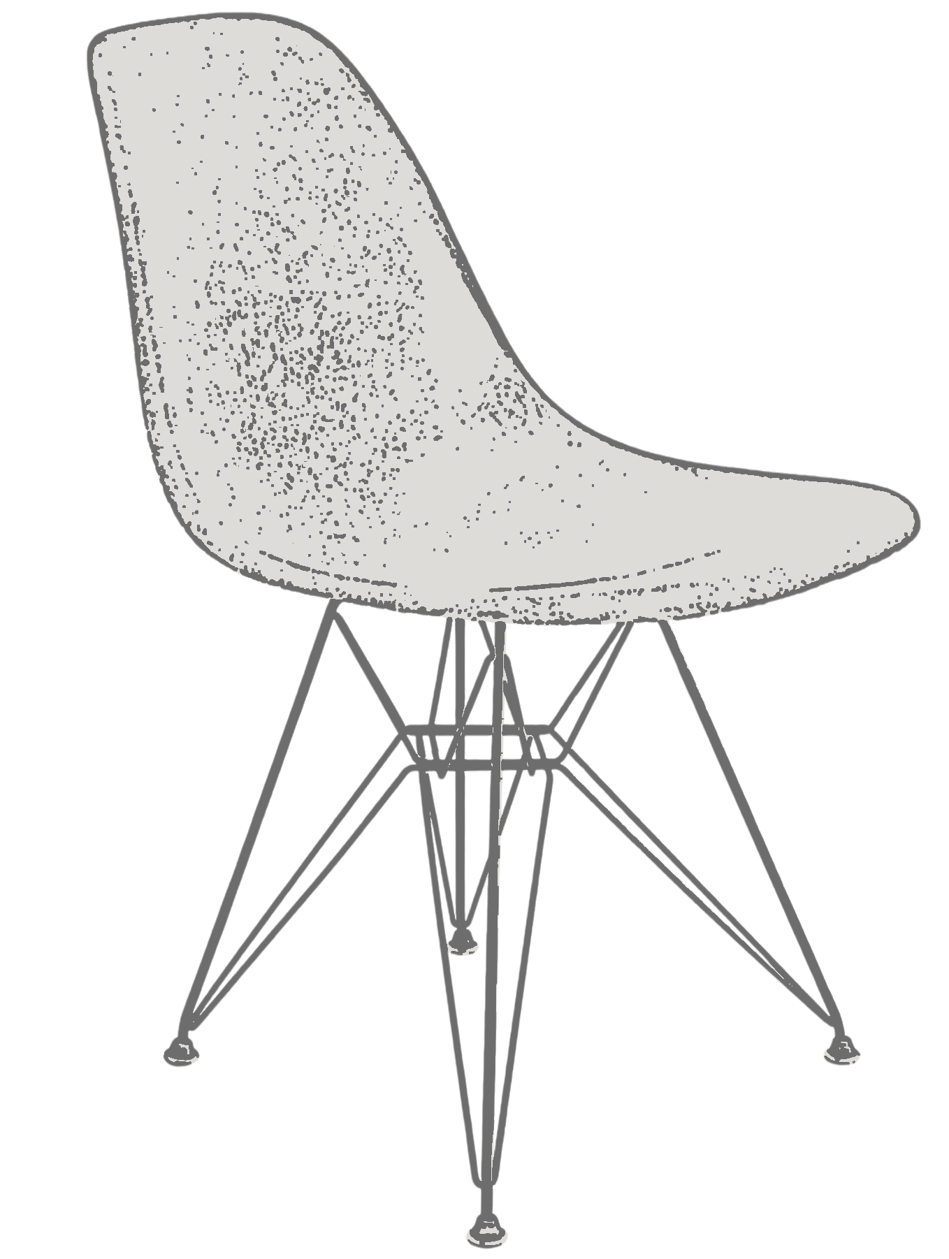A black and white illustration of a modern chair with a curved seat and backrest, supported by a metal frame and four angled legs.