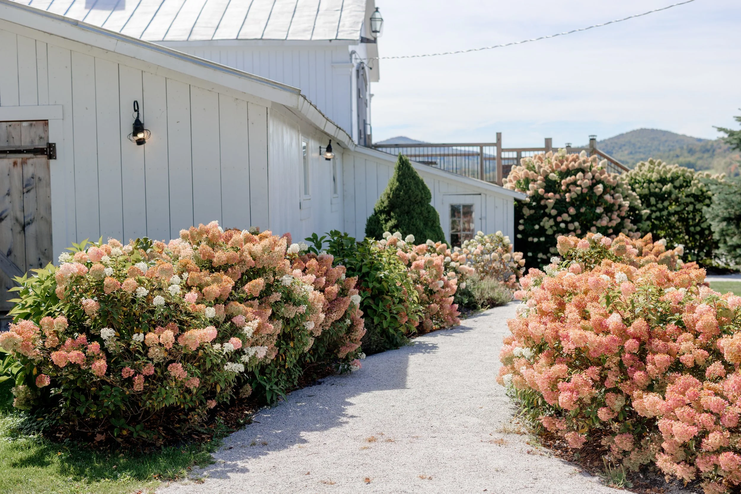 The Wedding Barn exterior at Swiss & Bloom Farm, framed by soft pink and cream florals for a romantic Vermont wedding backdrop.