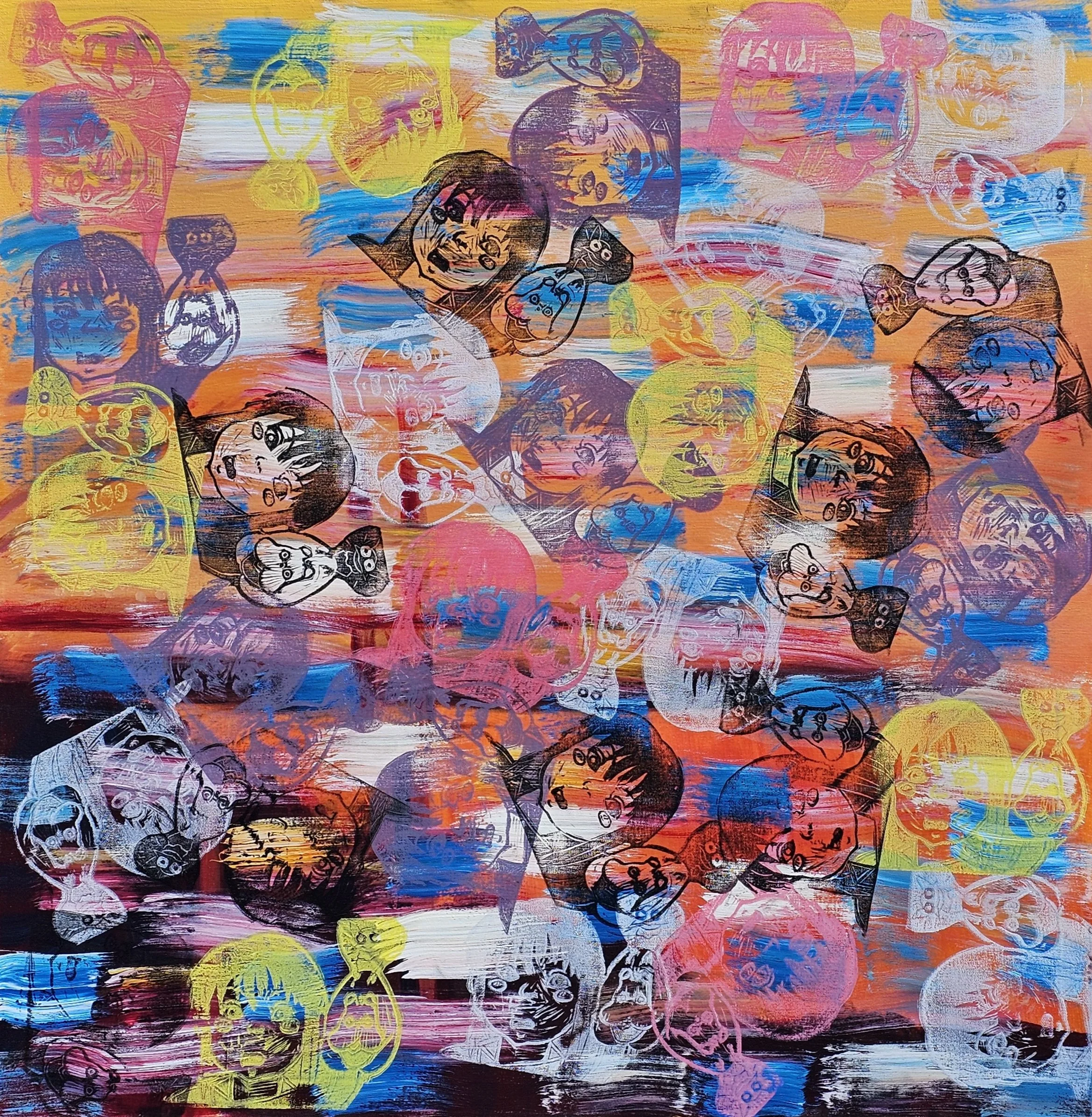 A colorful abstract painting featuring overlapping sketches of cartoon characters with different expressions, in various colors such as pink, yellow, blue, and black, set against a background of horizontal brushstrokes in warm and cool tones.