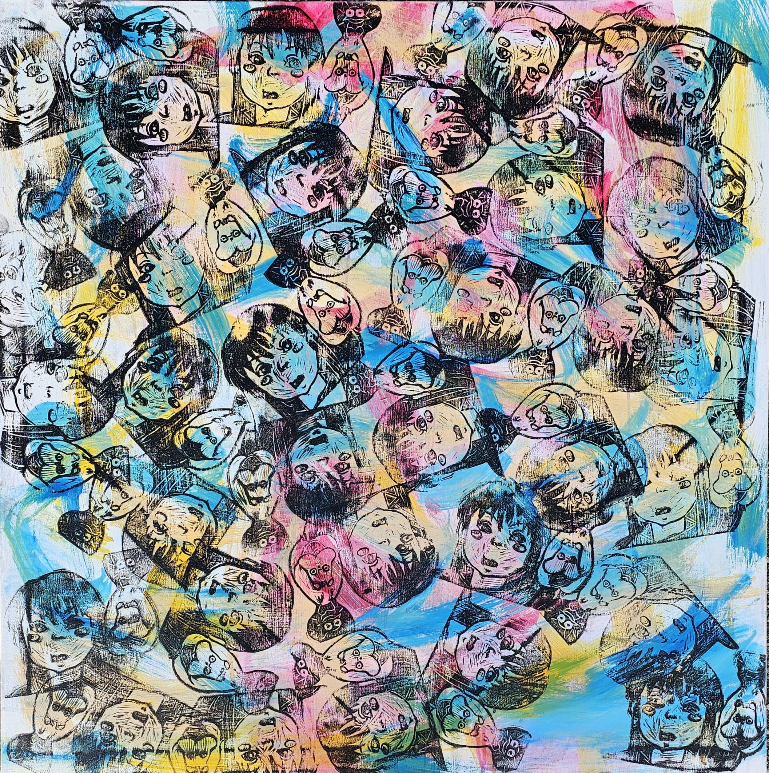 A colorful street art mural featuring numerous black and white hand-drawn comic-style faces of children with various expressions, overlaid with pink, blue, yellow, and orange watercolor-like streaks.