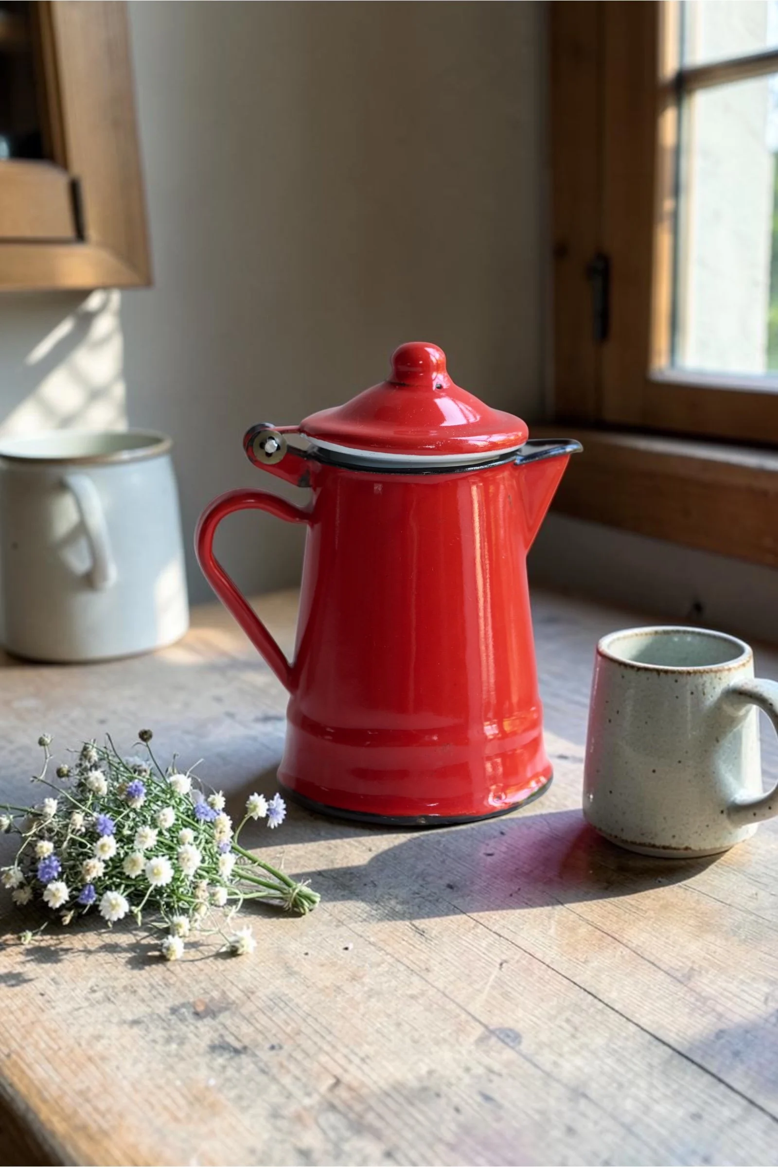 Small red enamel pot with lid