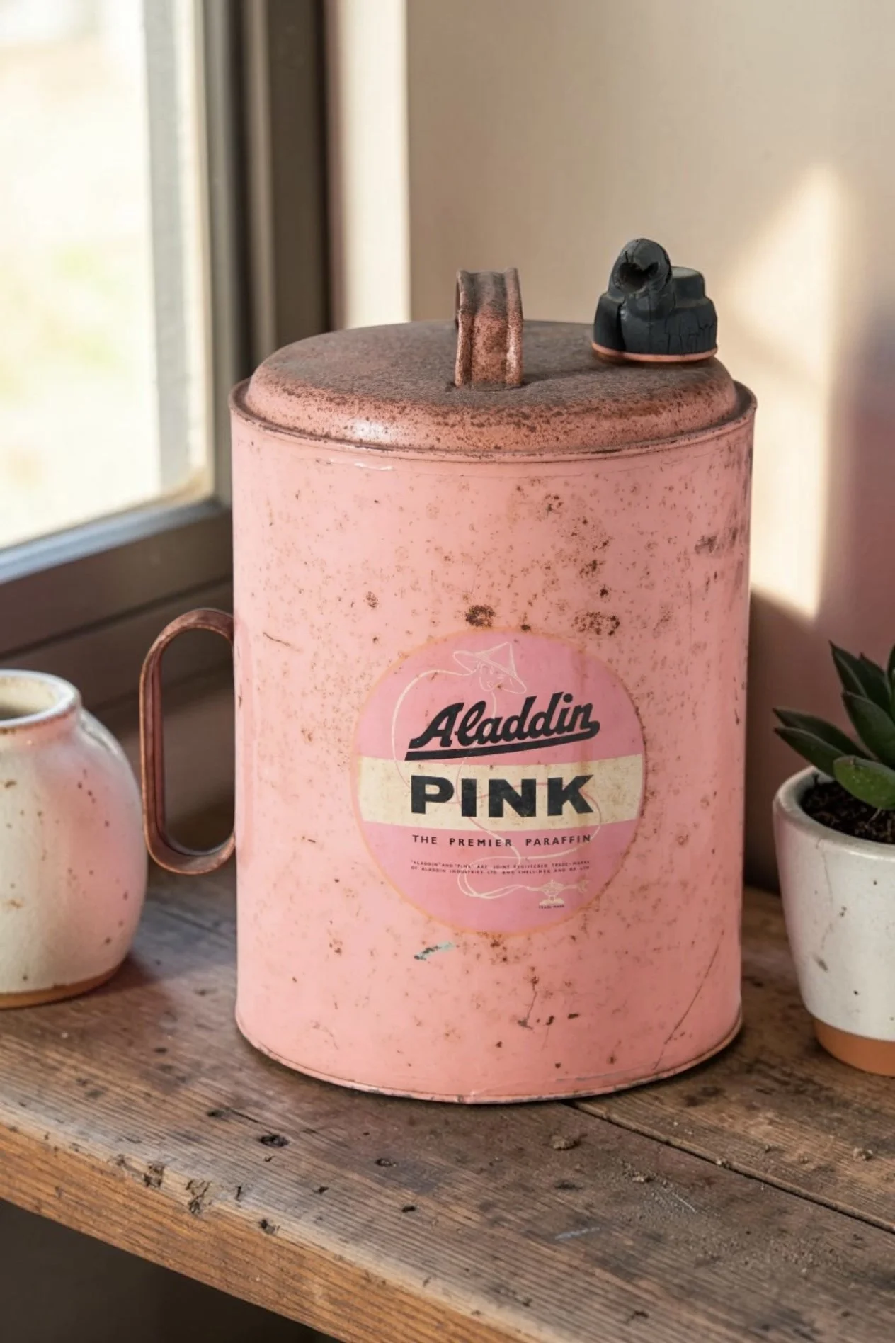 Vintage Aladdin pink paraffin container