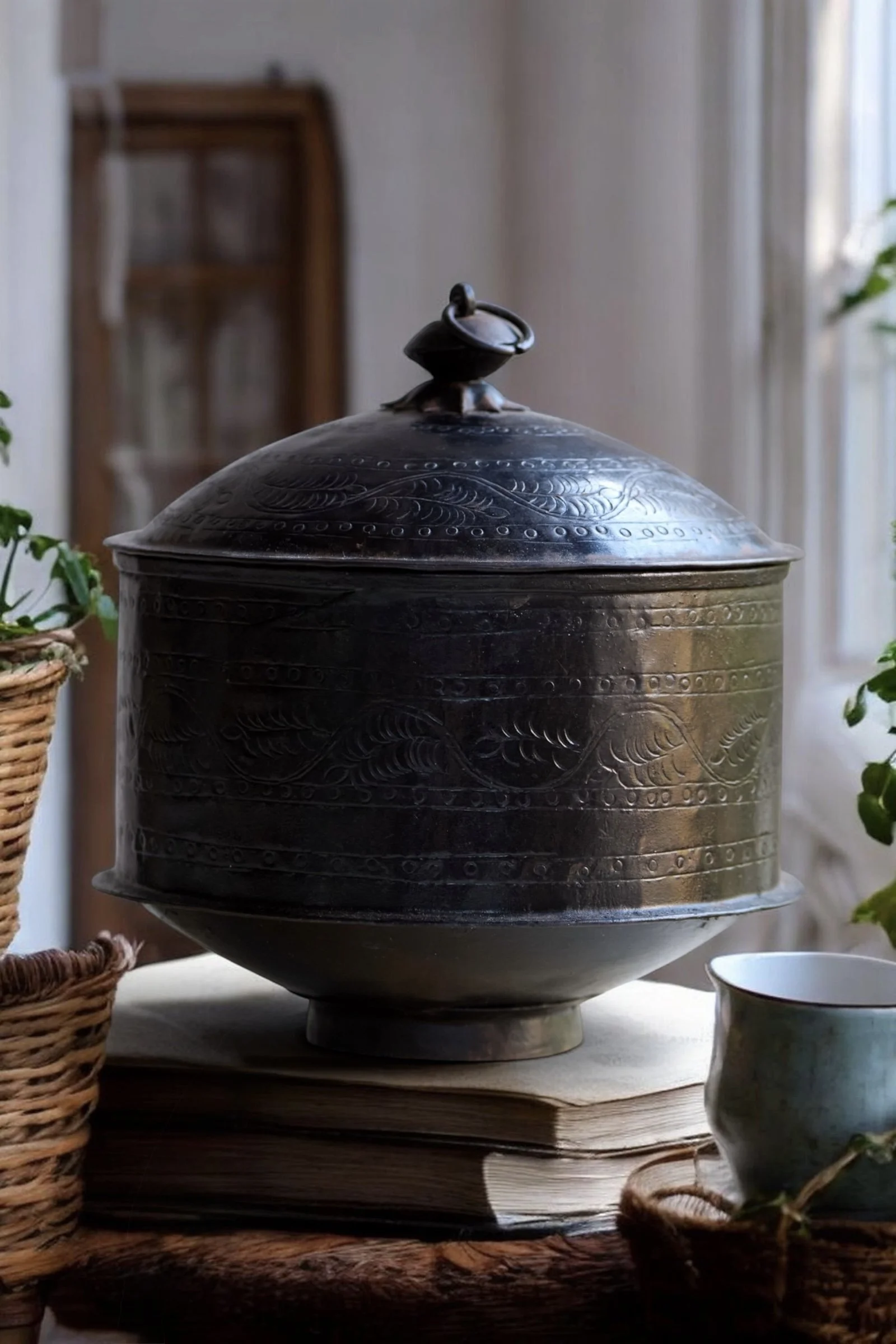 Vintage black metal pot with lid