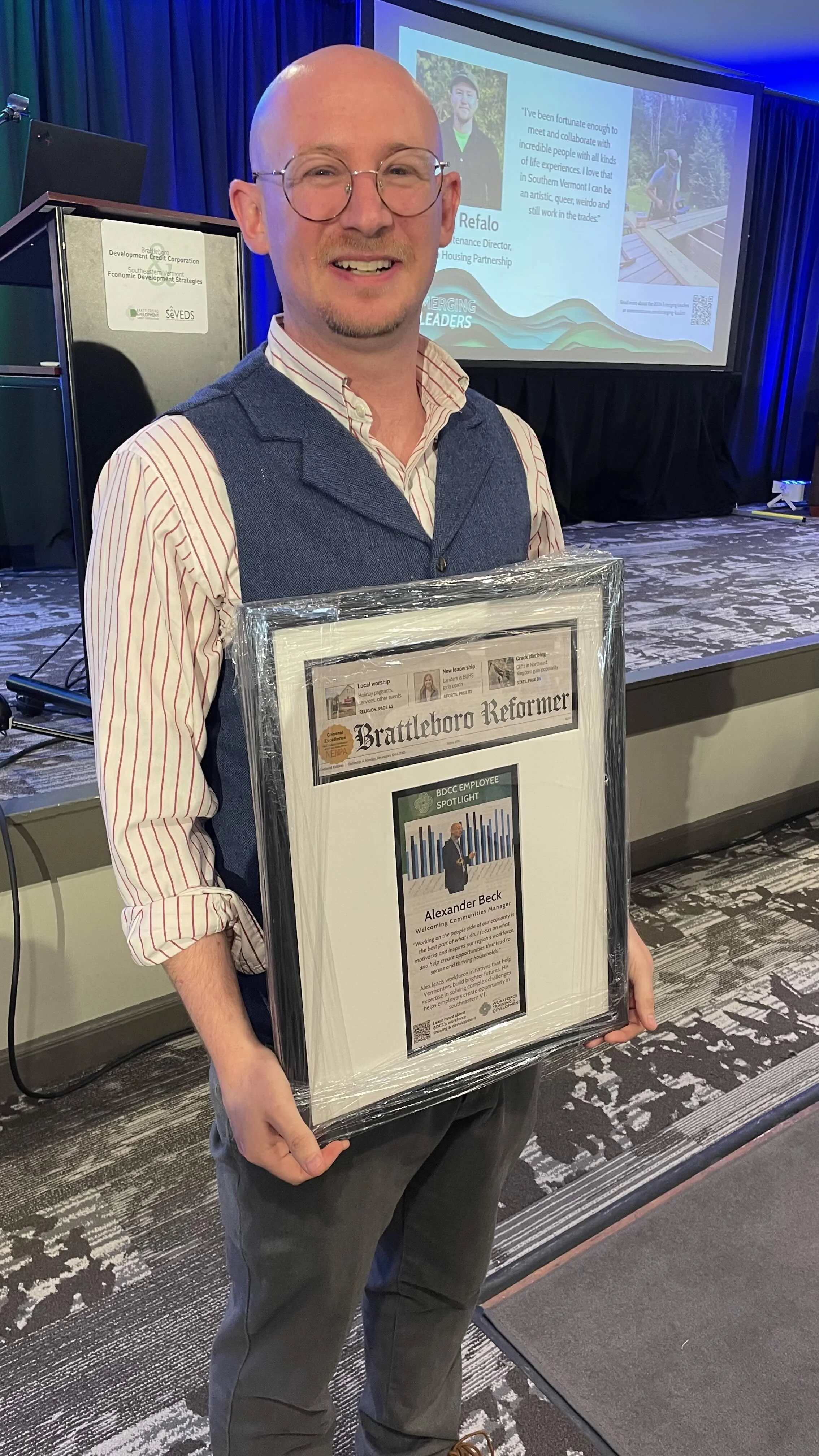 Alex Beck, a former Brattleboro Development Credit Corporation employee, was recognized at the 2026 Southern Vermont Economy Summit for his outstanding decades-long work in workforce development.