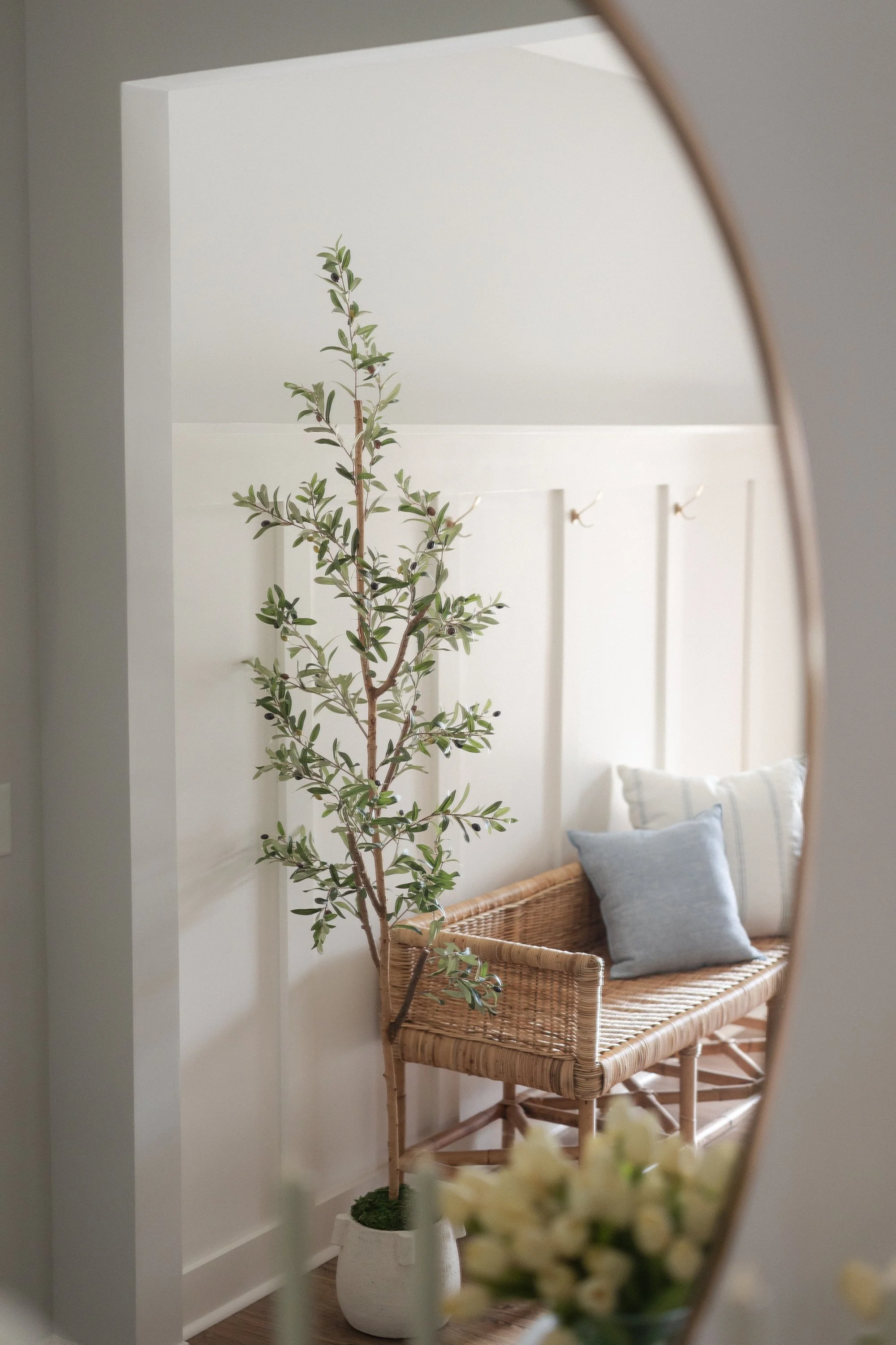 Interior scene of a white room with a wicker bench, some pillows, a tall potted plant, and a mirror reflecting the scene.