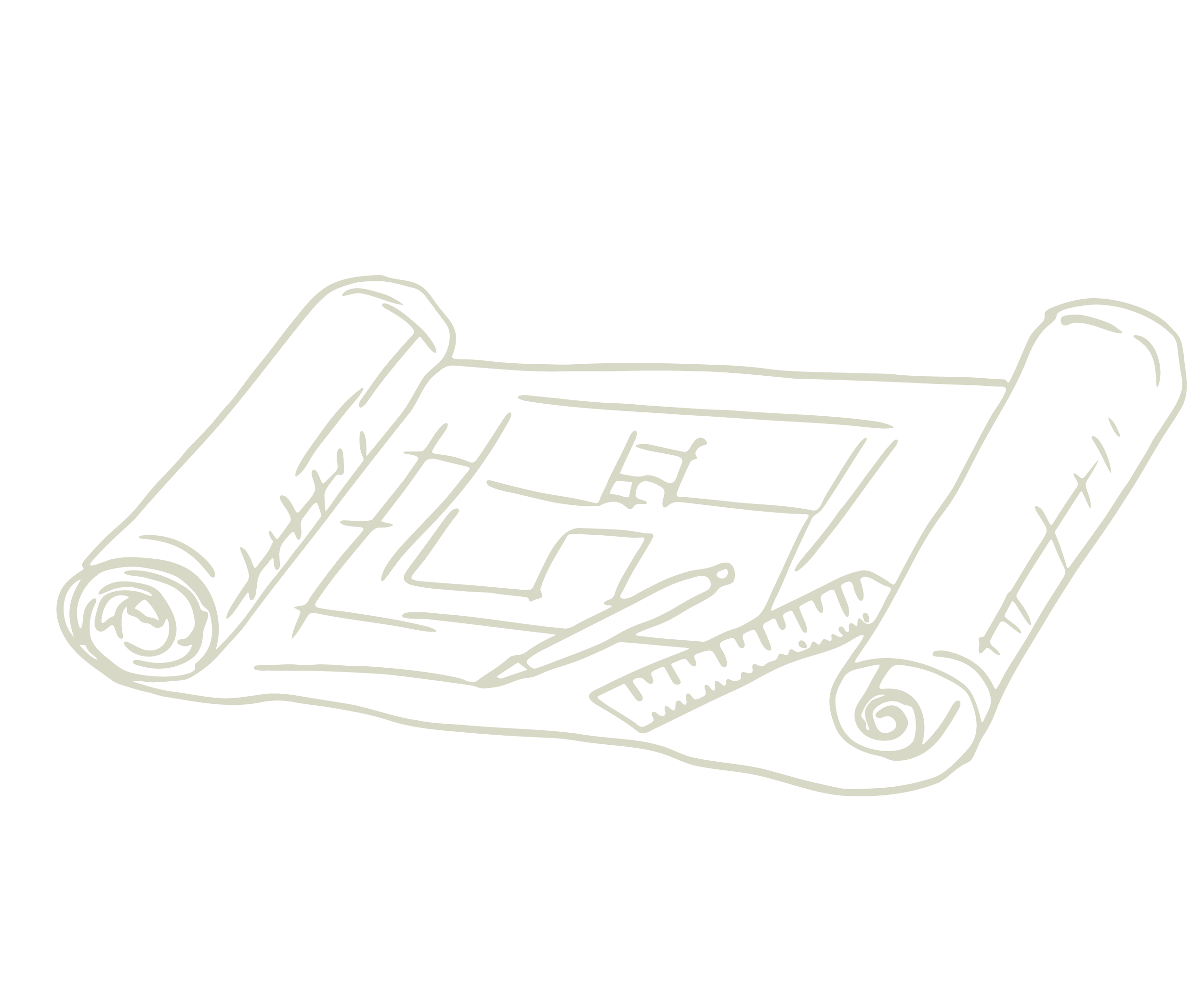 Line drawing of blueprints, a ruler, and a pencil on a black background.