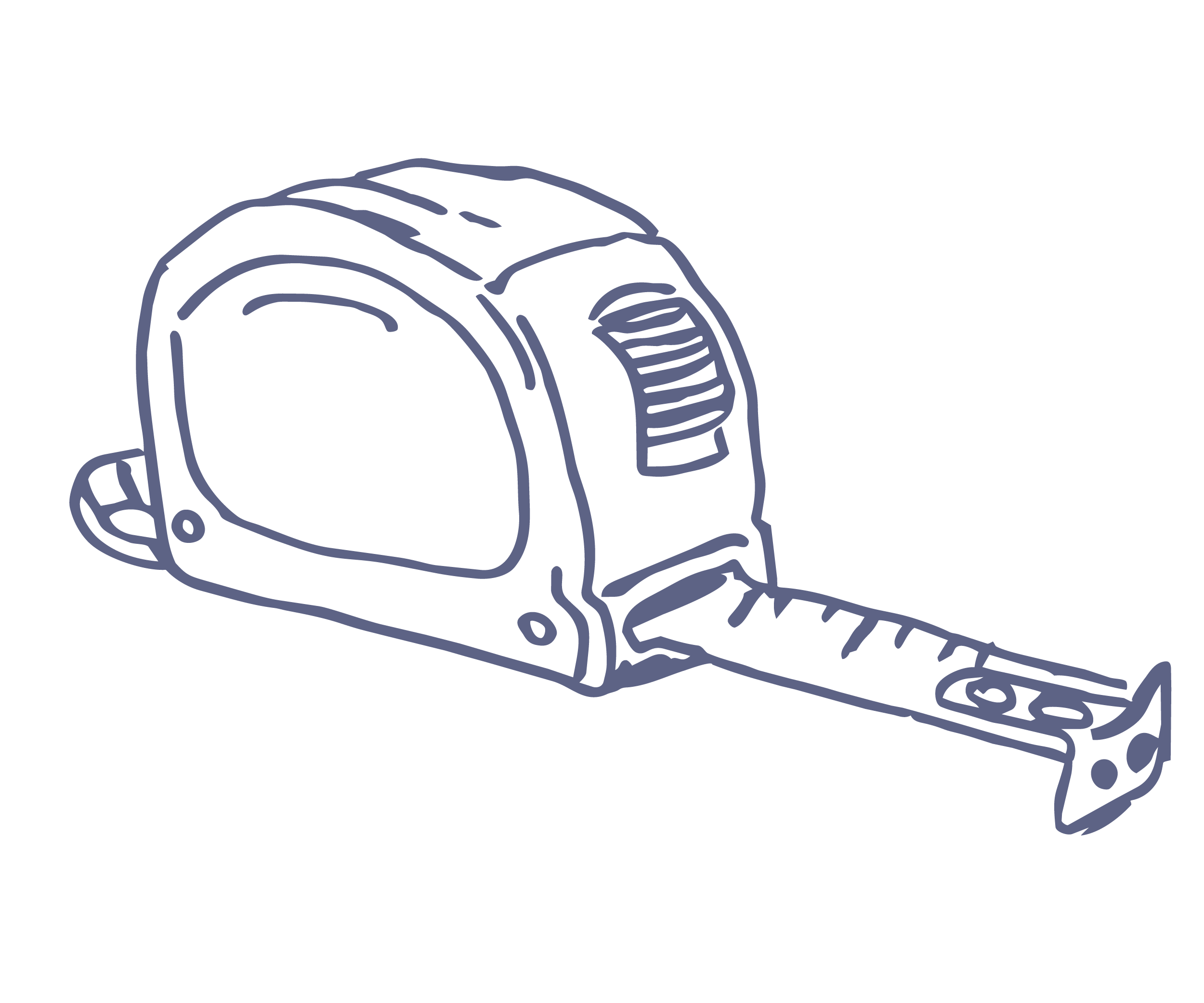 Line drawing of a handheld retractable tape measure with a metal end hook.
