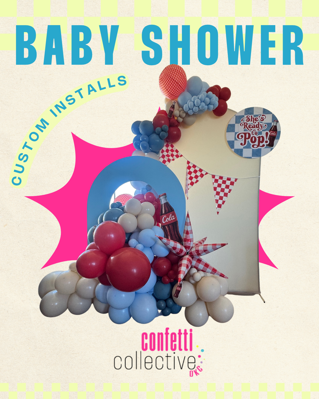 Decorated baby shower display with balloons, checkered banners, and Coca-Cola themed decorations.