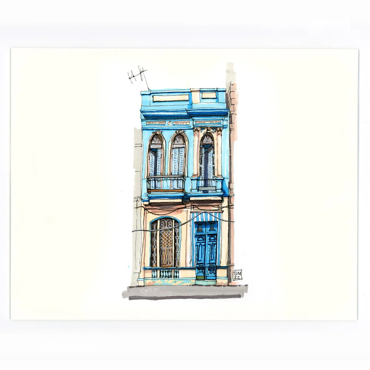 Colorful watercolor illustration of a three-story building with blue and beige facade, arched windows, and decorative architectural details, with a dark gray ground level door.