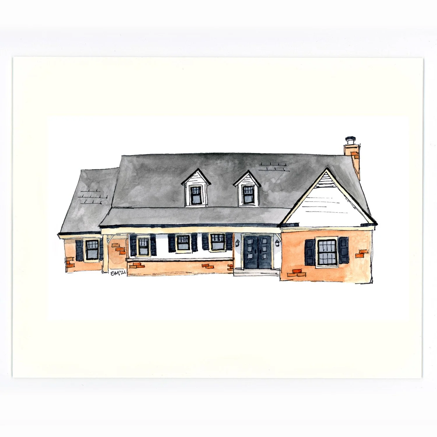 Watercolor illustration of a two-story house with a gray roof, black shutters, brick exterior, and a centered front door.