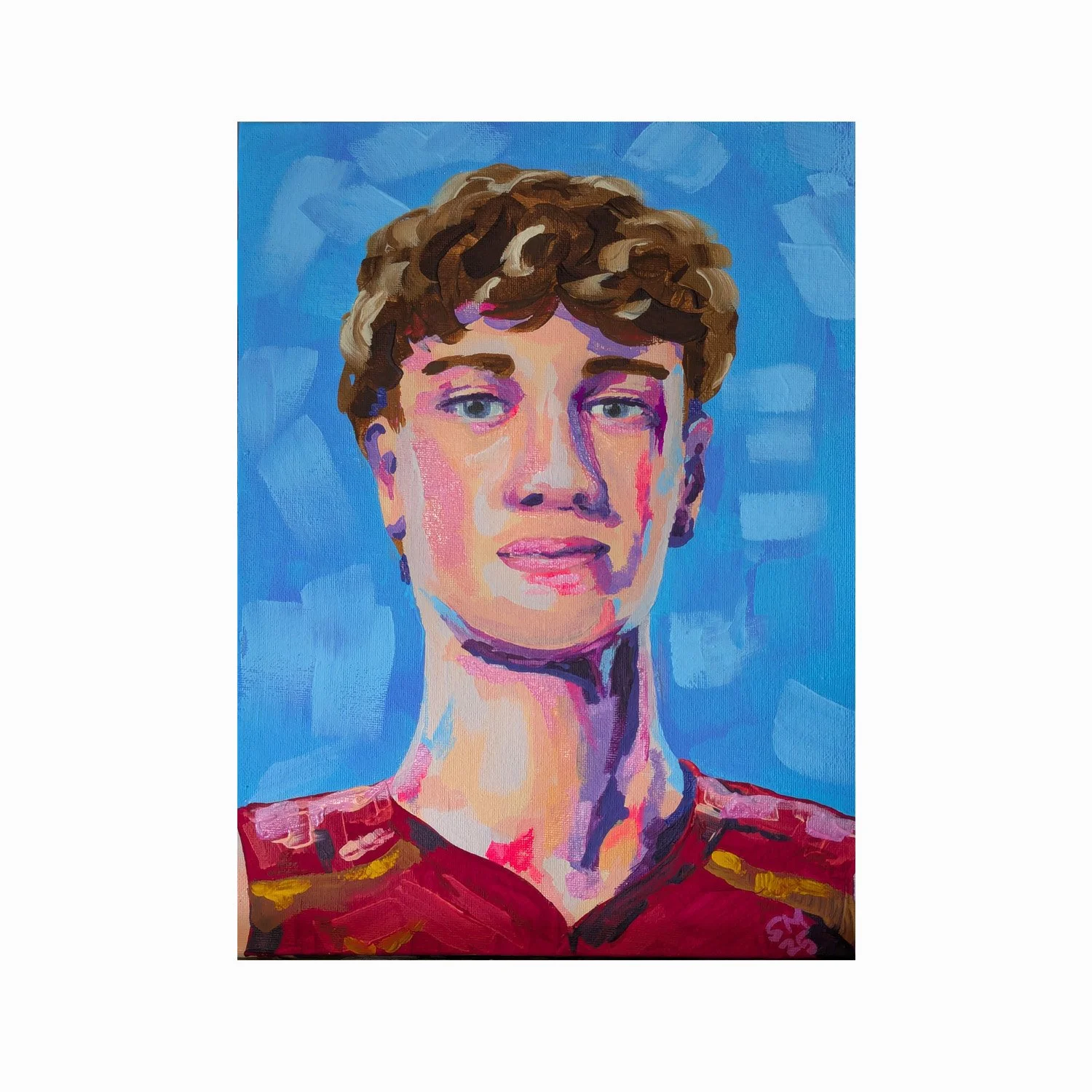 An abstract portrait painting of a woman with short, curly brown hair wearing a red top with yellow accents, set against a blue background.