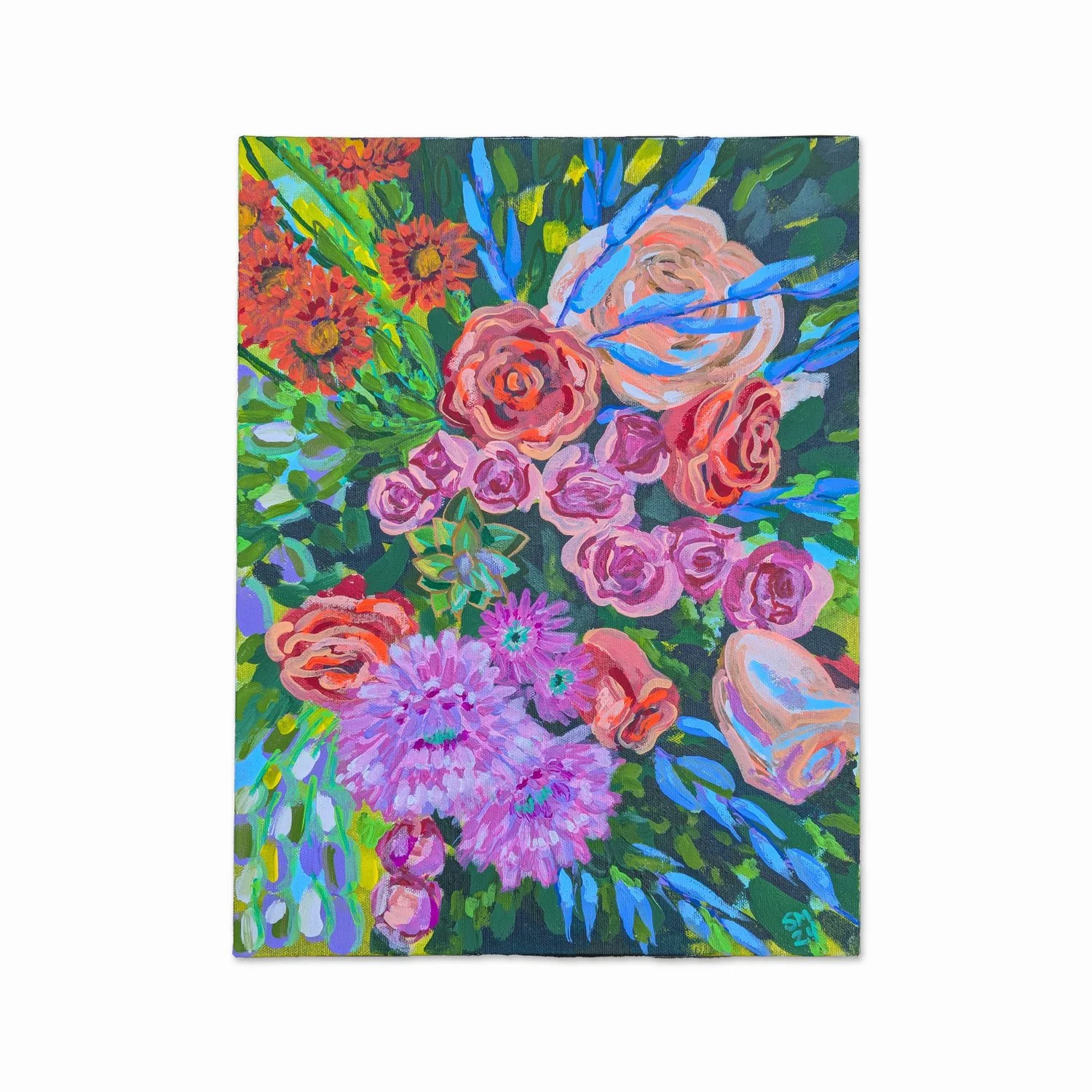A vibrant floral painting featuring pink roses, purple daisy-like flowers, and red-orange blossoms amidst greenery with blue and yellow accents.