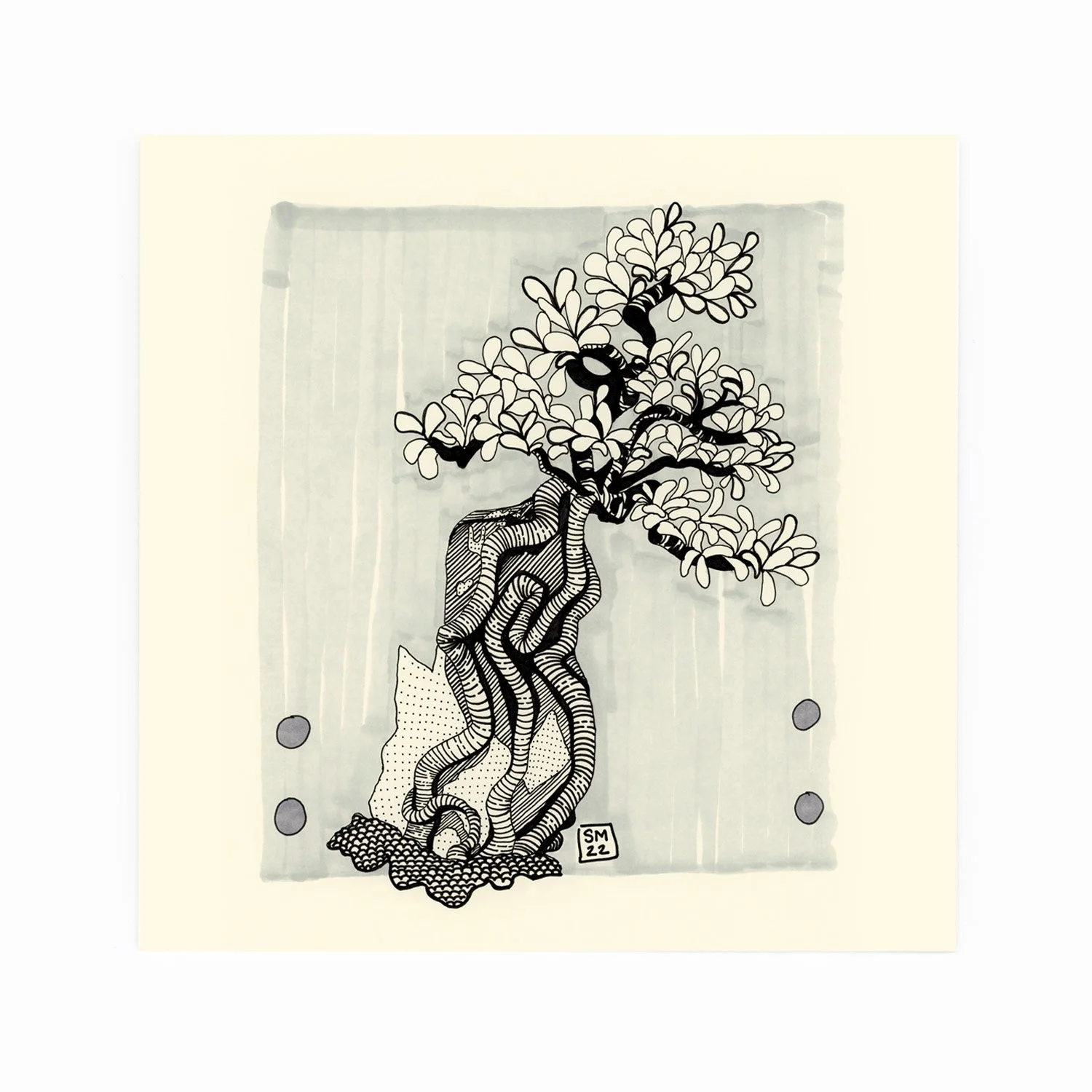 Black and white ink drawing of a stylized, abstract tree with twisting trunk and extensive leafy branches, below four dots and a patterned rock; artist's initials 'SM 22' in the lower right corner.