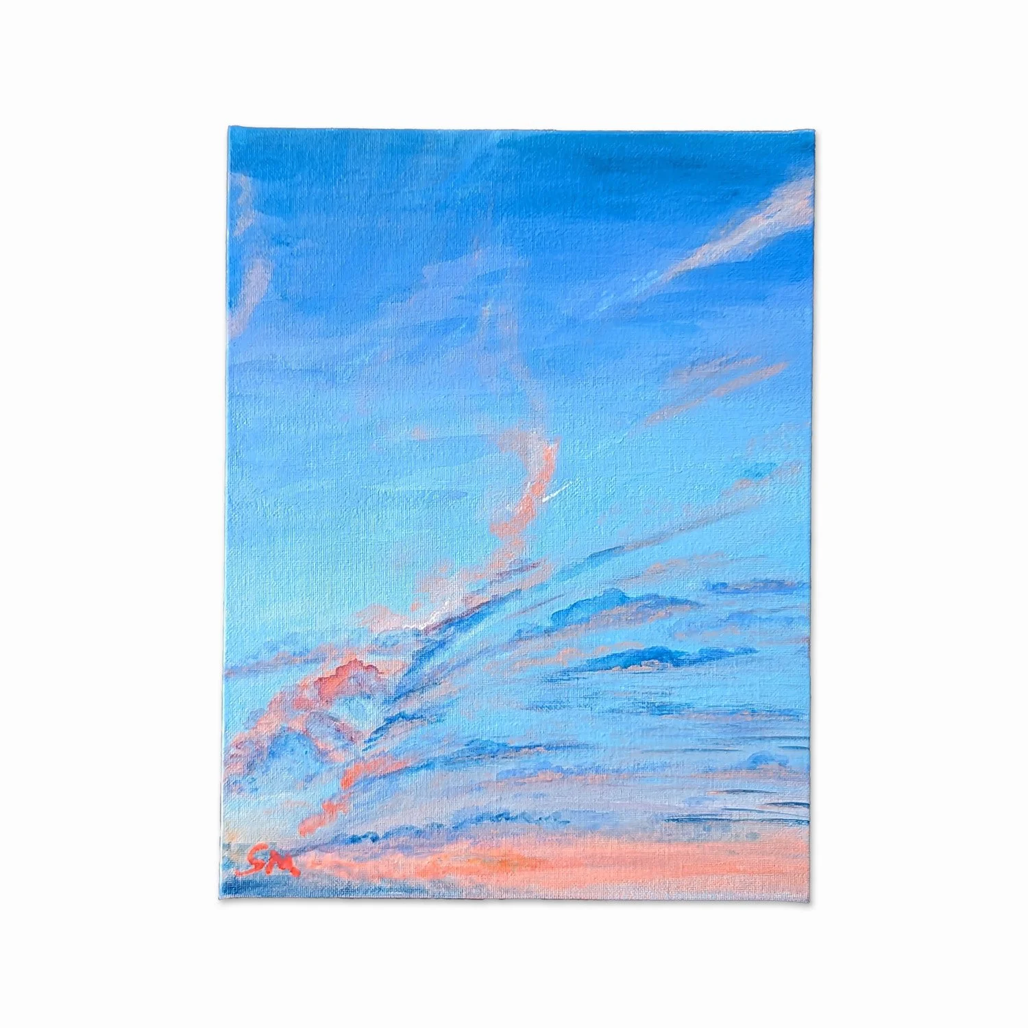 A painting of a sky with clouds in shades of blue, pink, and orange, possibly during sunset or sunrise.