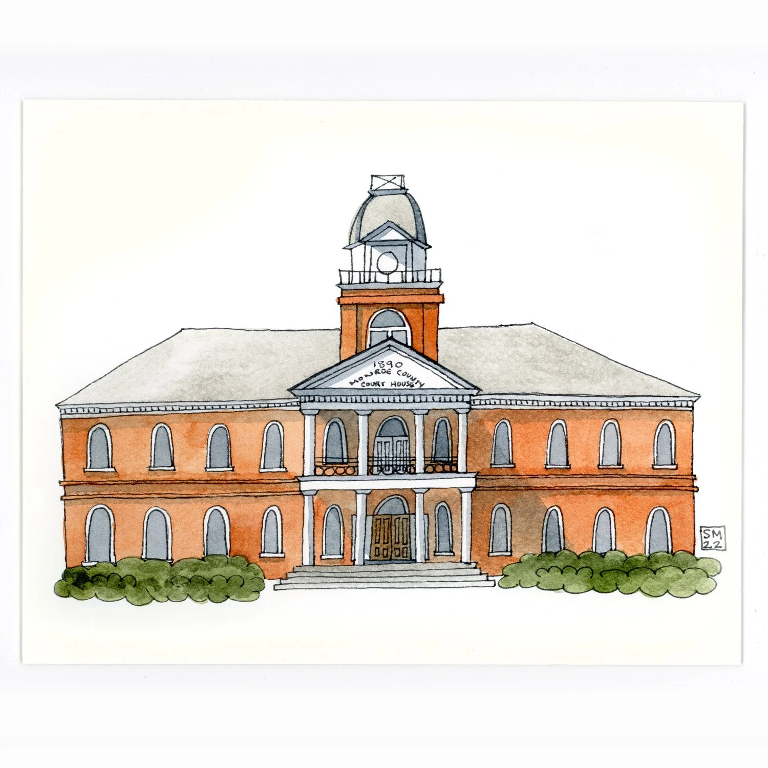 Watercolor illustration of a historic red brick courthouse with a central tower, columns at the entrance, a set of stairs, and green bushes in the foreground.