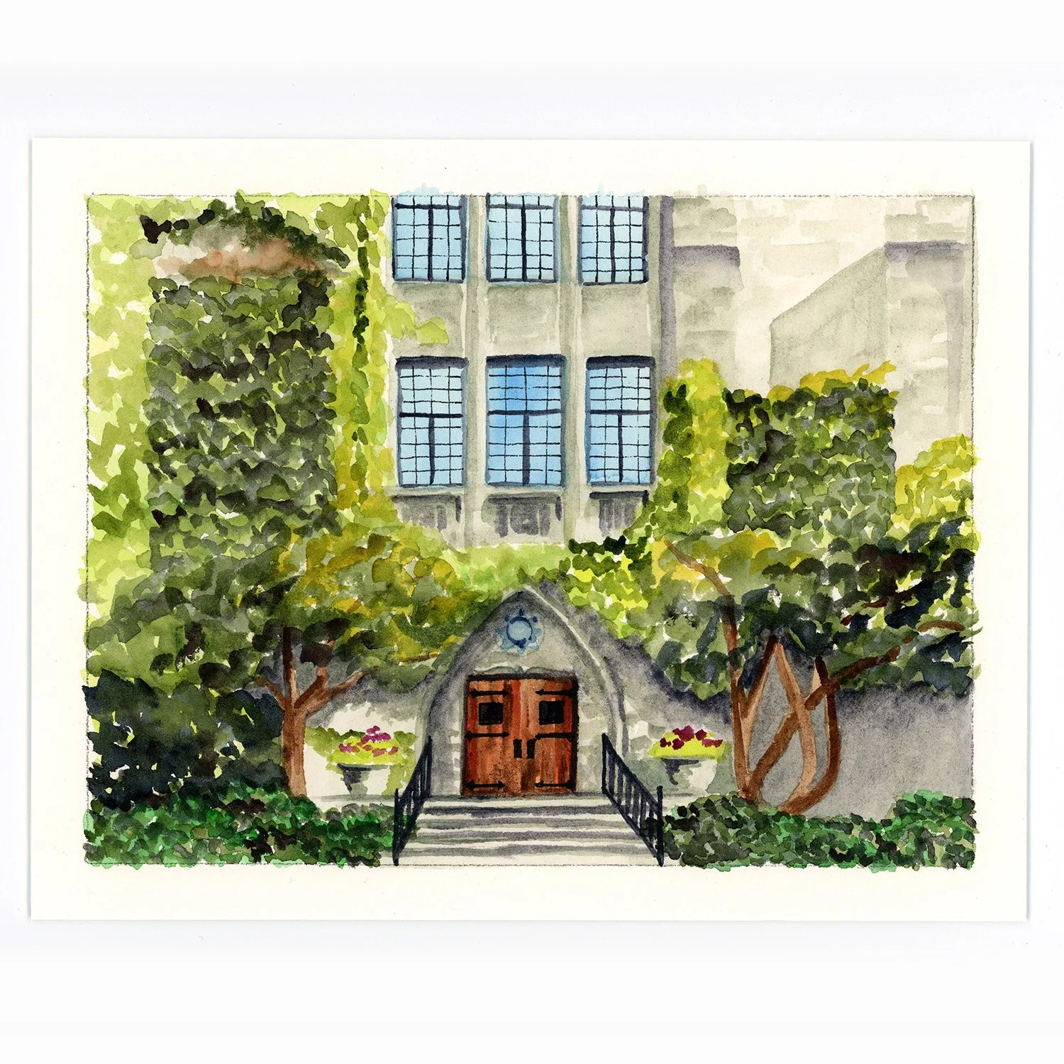 Watercolor painting of a building with large blue windows, a wooden double door entrance, surrounded by trees and bushes, with flowers in planters near the entrance.