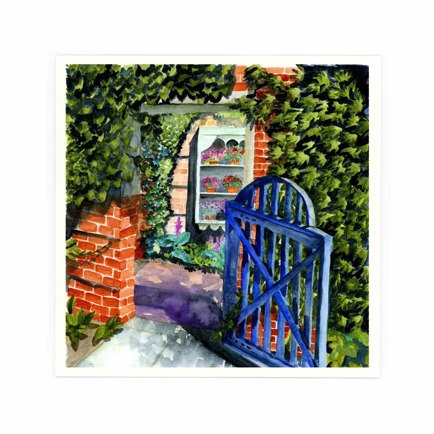 A painted scene of a garden gate made of blue wood, with brick walls covered in green ivy, opening to a pathway with a white shelf filled with potted flowers, surrounded by lush greenery.