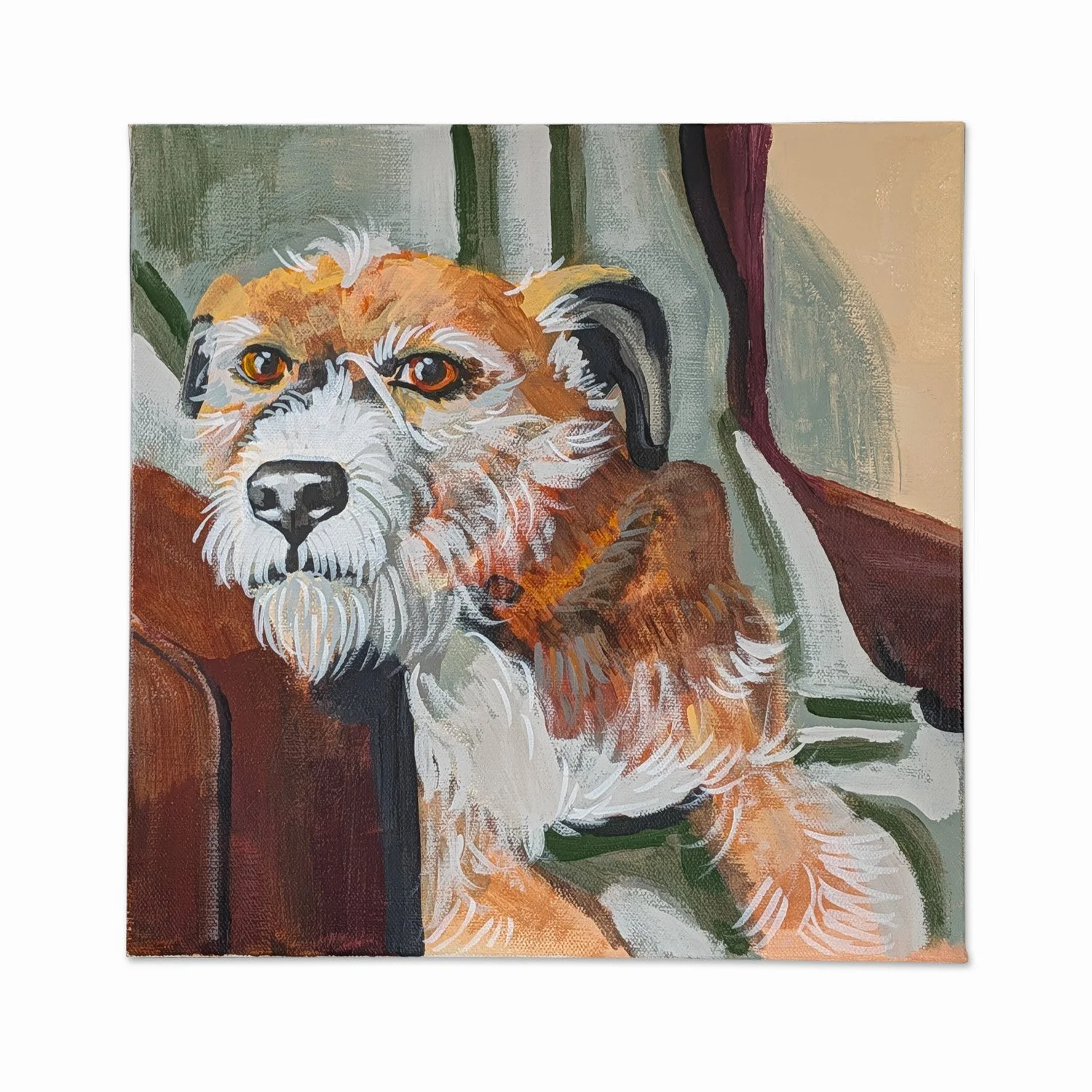 A colorful acrylic painting of a scruffy dog with orange, white, and black fur, sitting on a brown piece of furniture with a green, gray, and beige background.