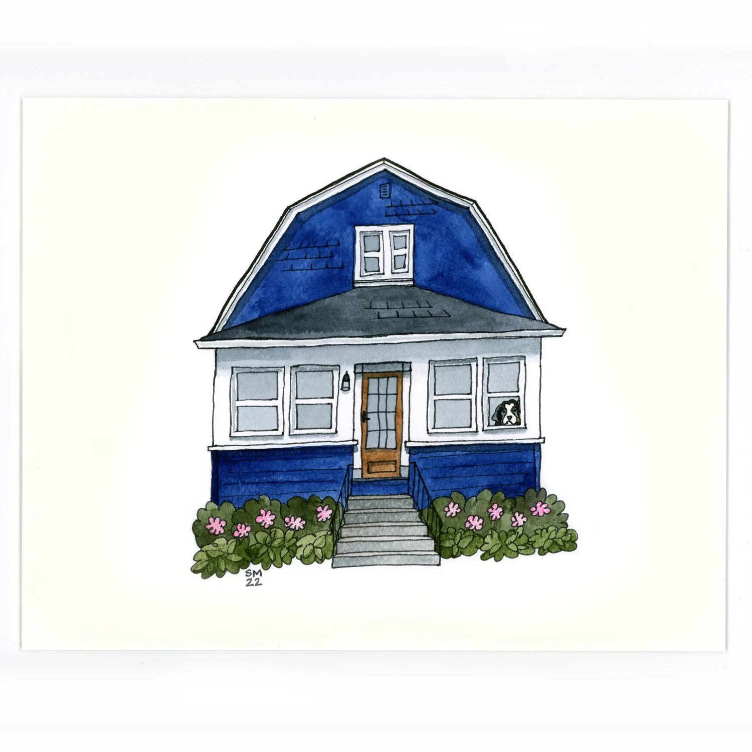 Watercolor illustration of a two-story house with a blue roof and white walls, front porch with steps, flower bushes, and a dog looking out the window.