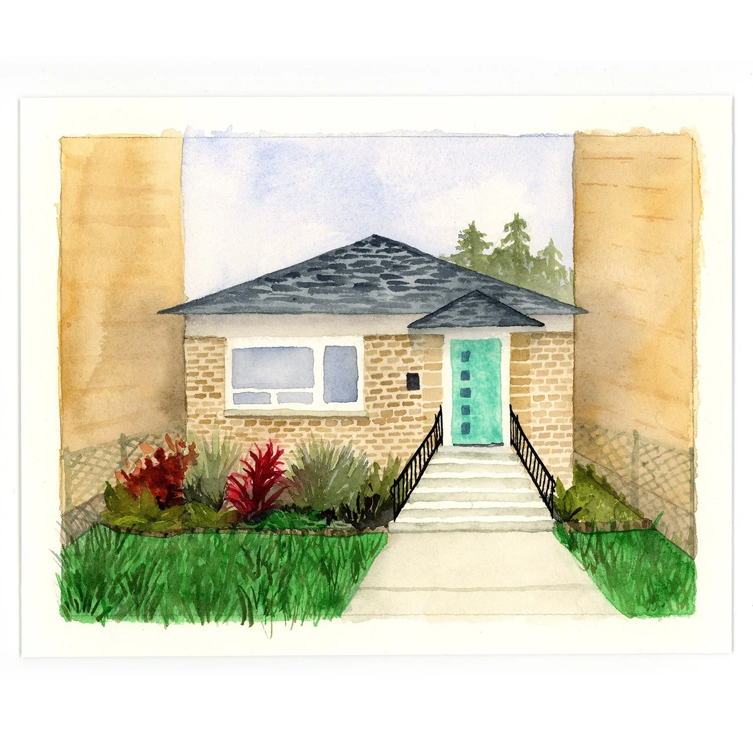 Watercolor painting of a small brick house with a dark shingled roof, a bright teal door, and two large windows. It has a walkway with steps and black railings leading to the front entrance. The house is flanked by green grass, bushes, and trees in t