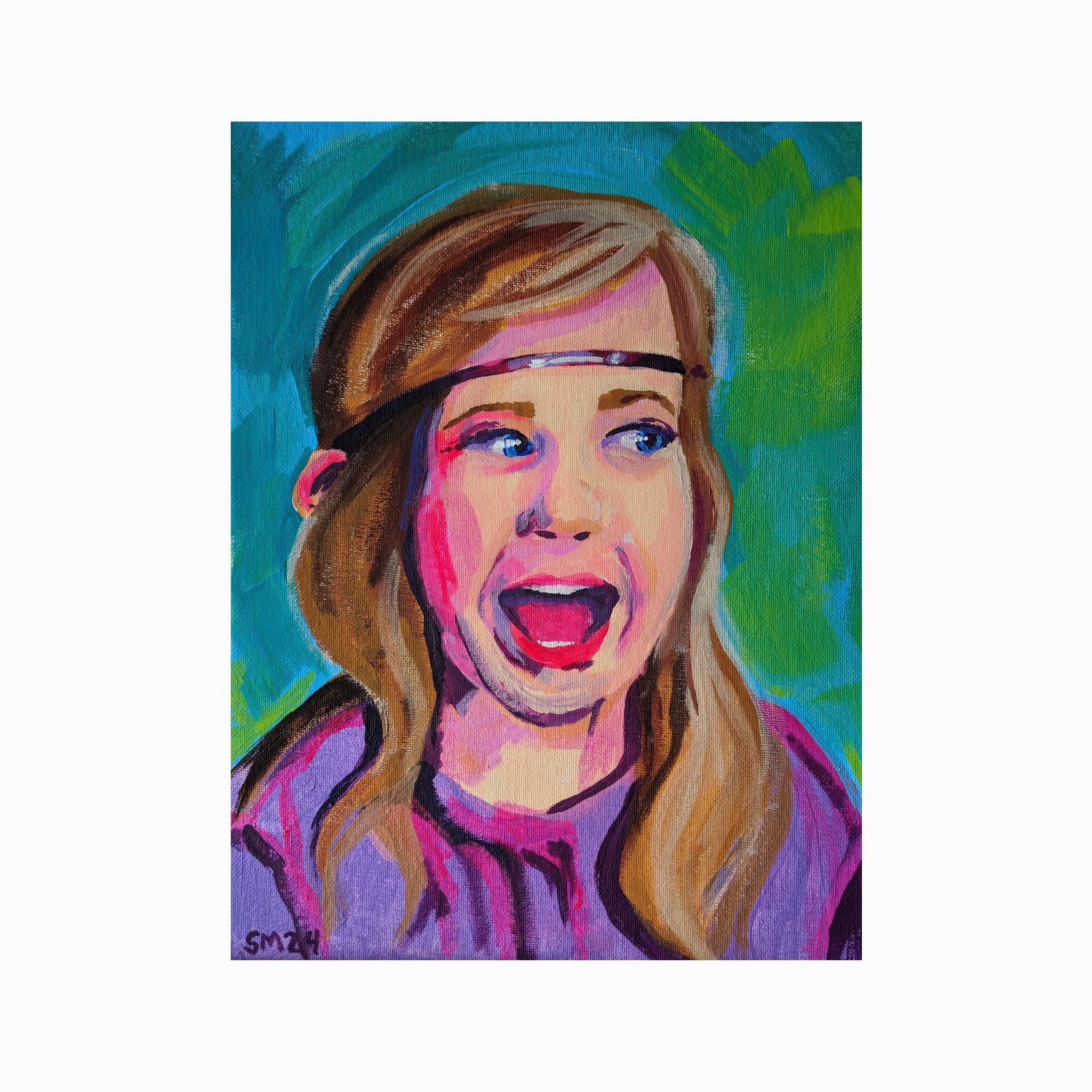 A colorful painted portrait of a young girl with long hair, wearing a headband, and expressing surprise or excitement.