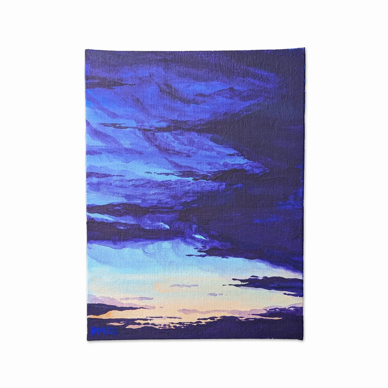 Landscape painting of a sunset sky with purple, blue, and orange clouds