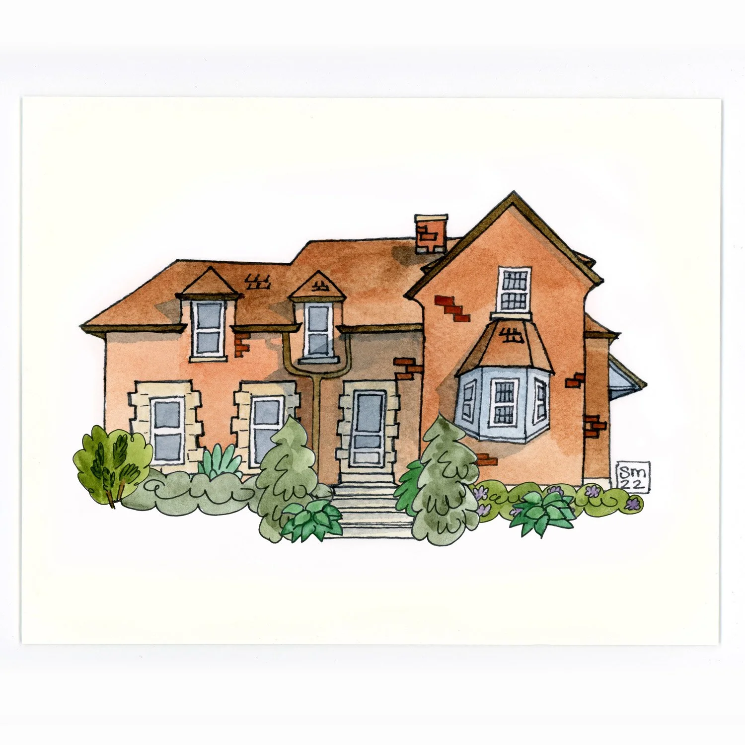 Watercolor illustration of a multi-story house with a red brick and tan exterior, lush green bushes and trees in the front yard, and a small stone staircase leading to the front door.