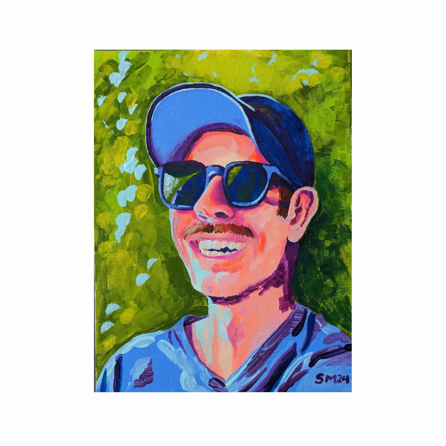 A colorful portrait of a smiling young man wearing sunglasses and a blue baseball cap, surrounded by green foliage.