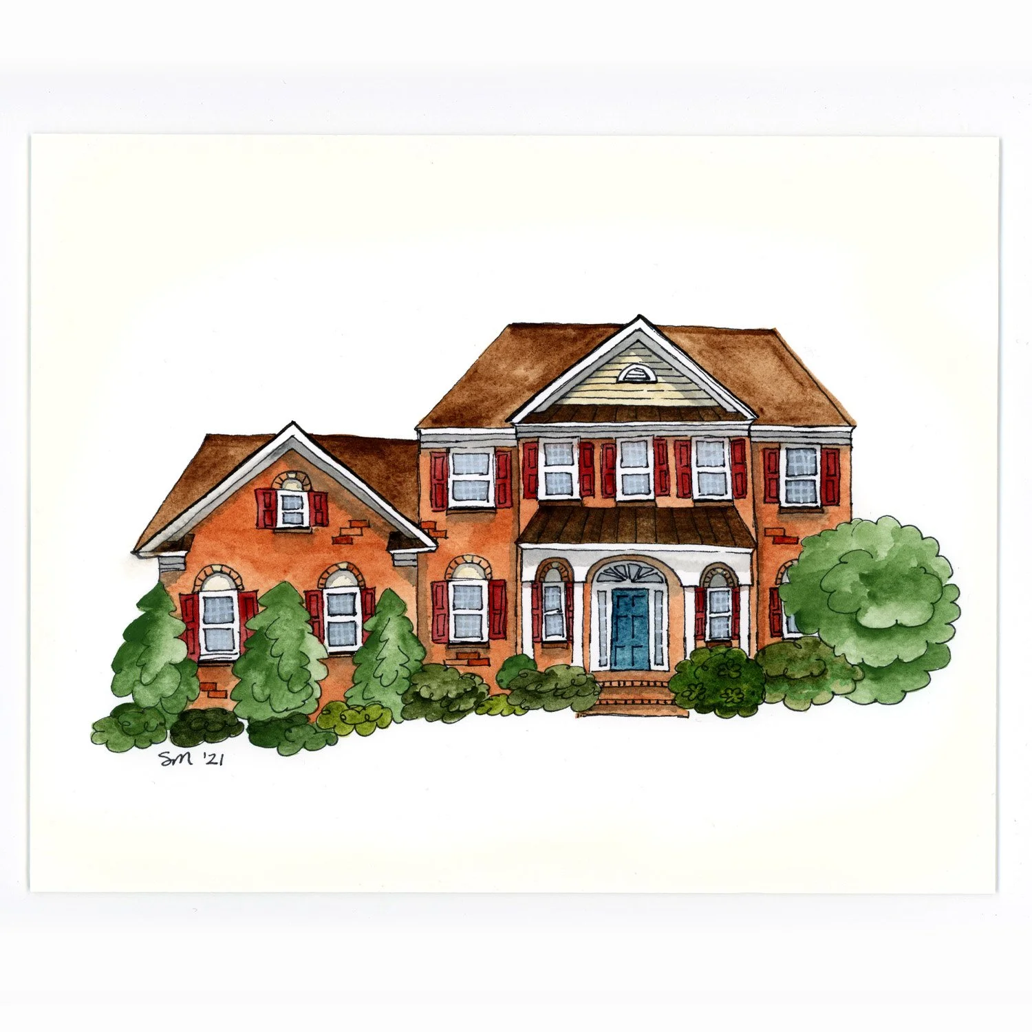 Watercolor painting of a two-story brick house with a blue front door, red shutters, surrounded by green shrubs and trees.