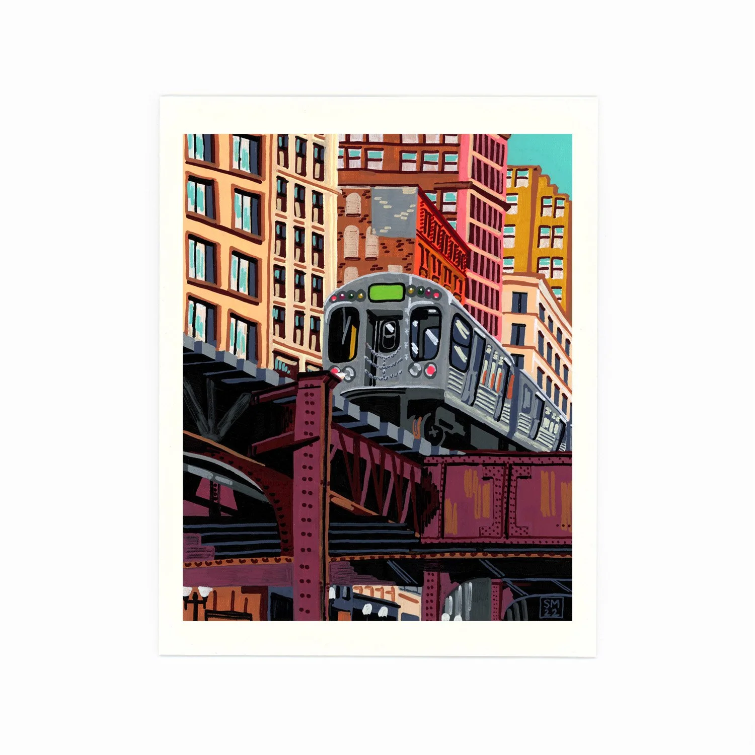 A colorful painting of an elevated train moving through a city with tall buildings in the background.