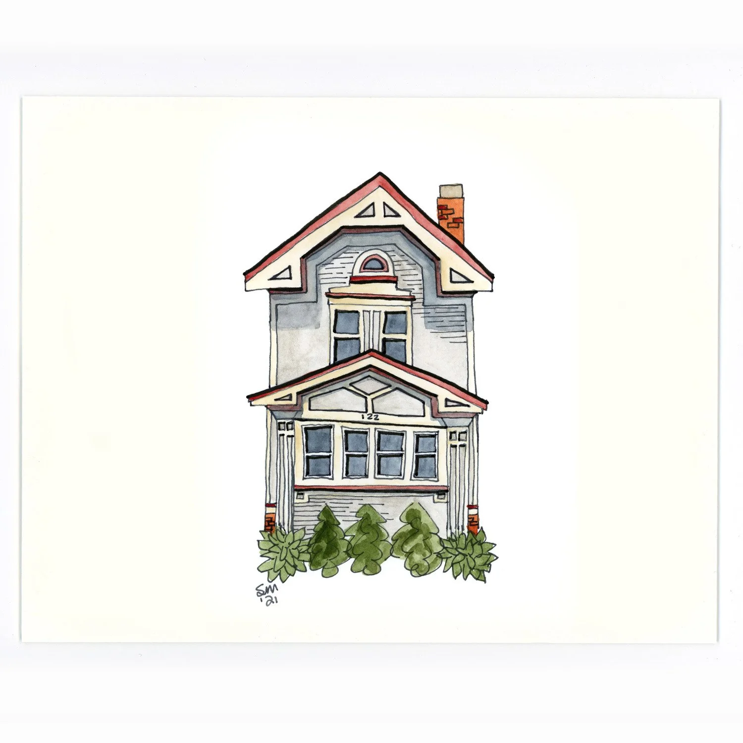 Watercolor illustration of a Victorian-style house with a front porch, multiple windows, a gabled roof, and surrounding greenery at the base.