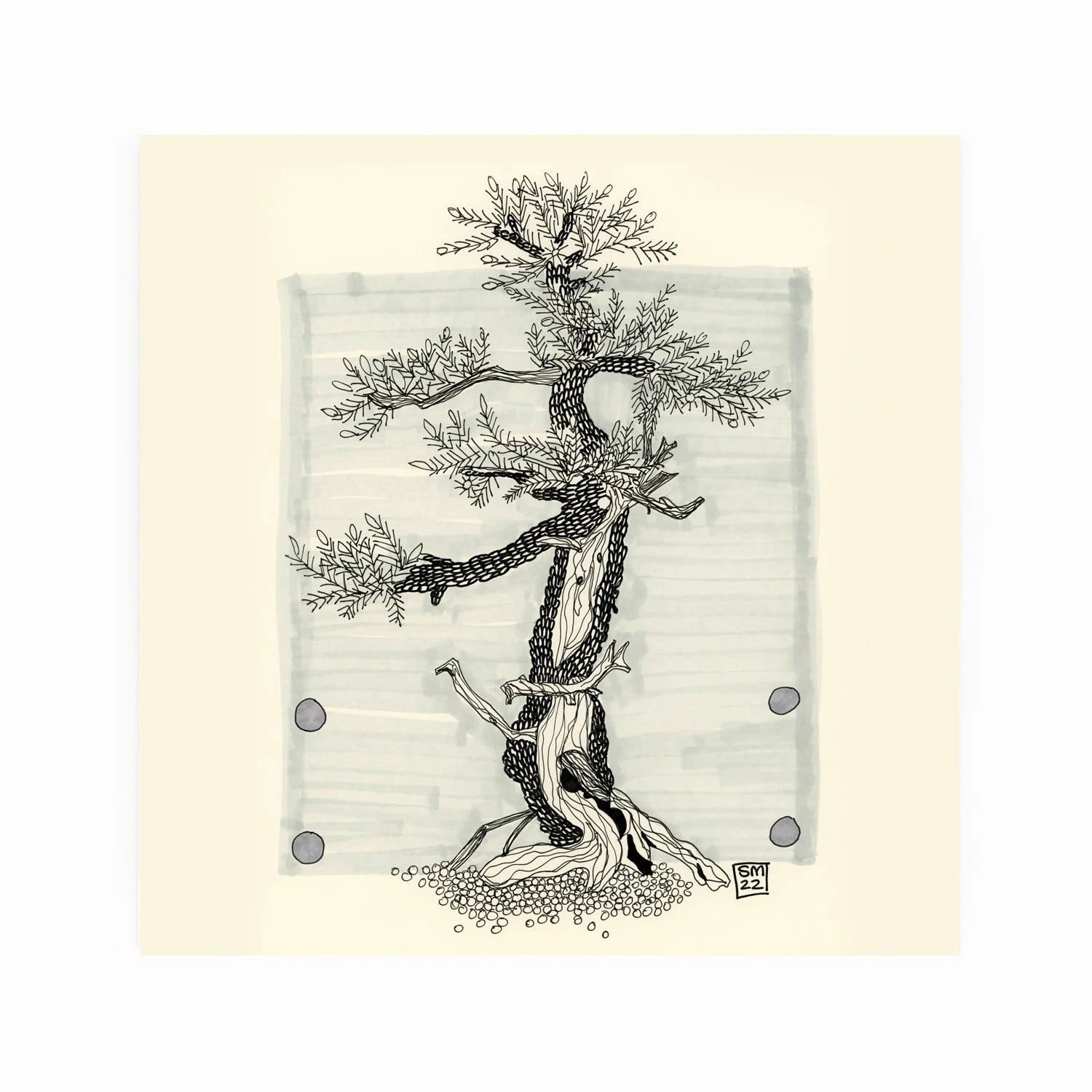 Black and white drawing of a tree with twisted trunk and detailed branches and leaves, on lined paper background, with four gray dots and artist initials 'SM' and date '22' in bottom right corner.