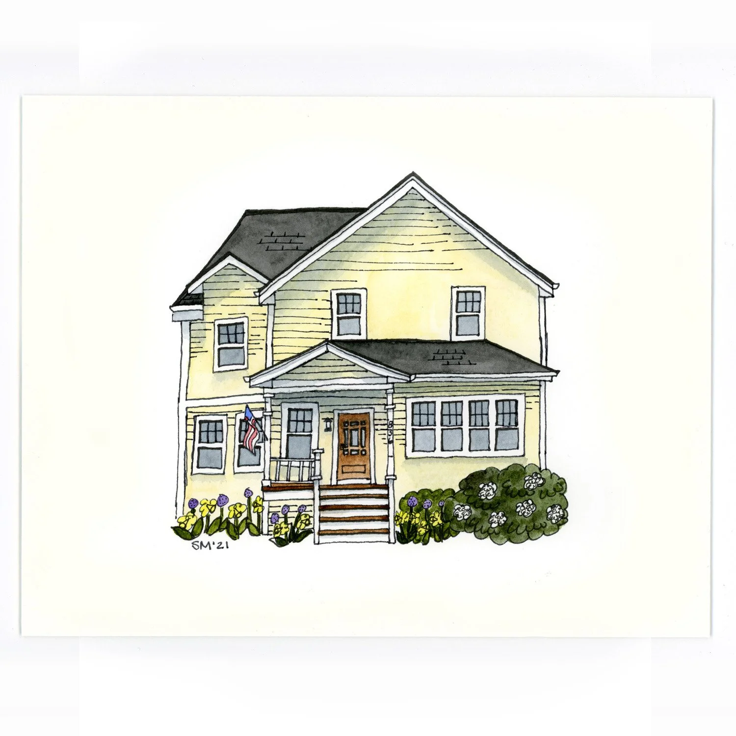 Watercolor illustration of a yellow, two-story house with a porch, wooden steps, and a garden with yellow, purple, and white flowers. The house has a gabled roof, white window frames, and a decorative American flag hanging to the left side.