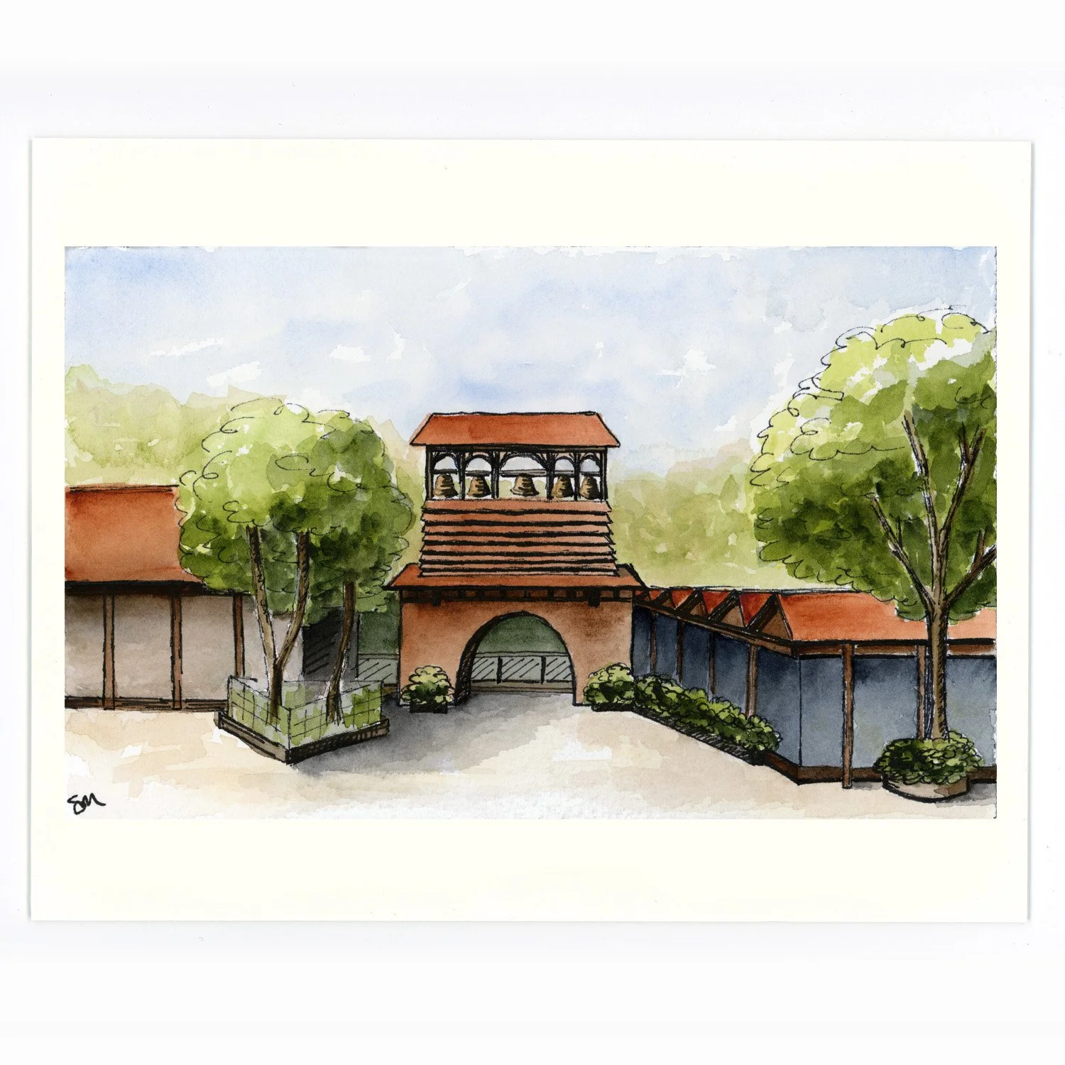 Watercolor illustration of a rustic building with a bell tower, trees, and a courtyard.