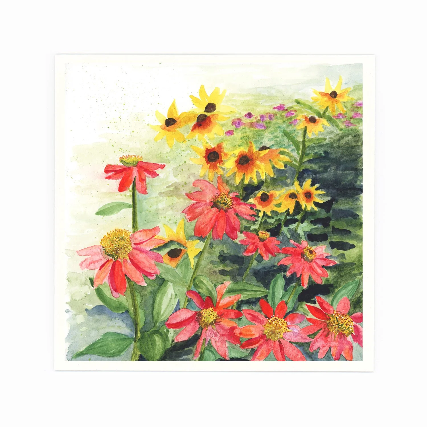 Watercolor painting of vibrant orange, yellow, and pink flowers with green leaves against a subtle background.
