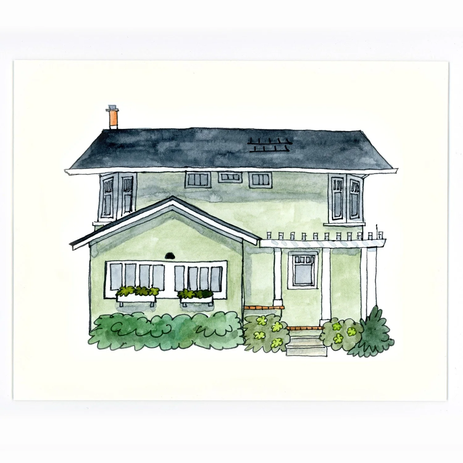 A watercolor illustration of a two-story house painted in light green with a dark blue roof, surrounded by bushes and plants.