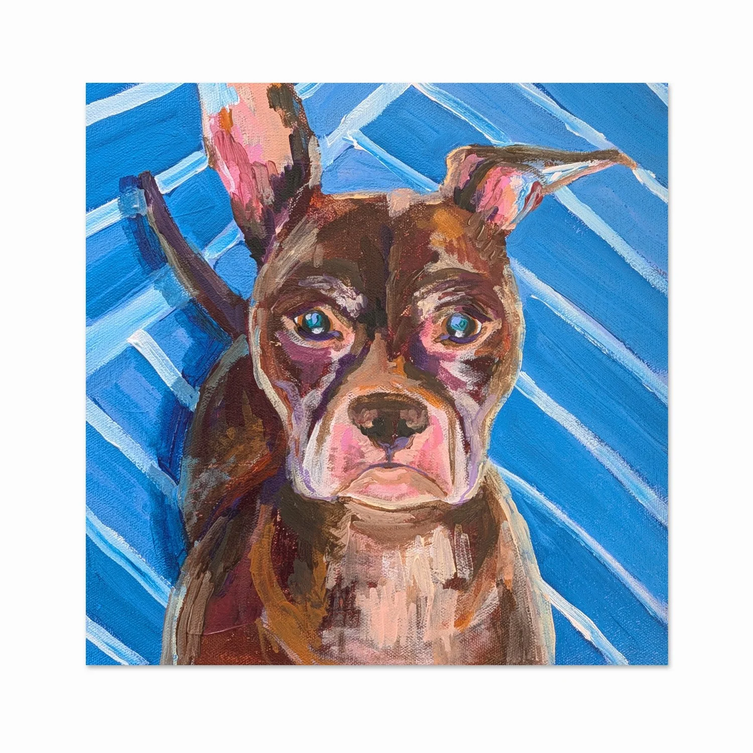 Painting of a brown and pink dog with blue eyes on a blue background with diagonal white stripes.