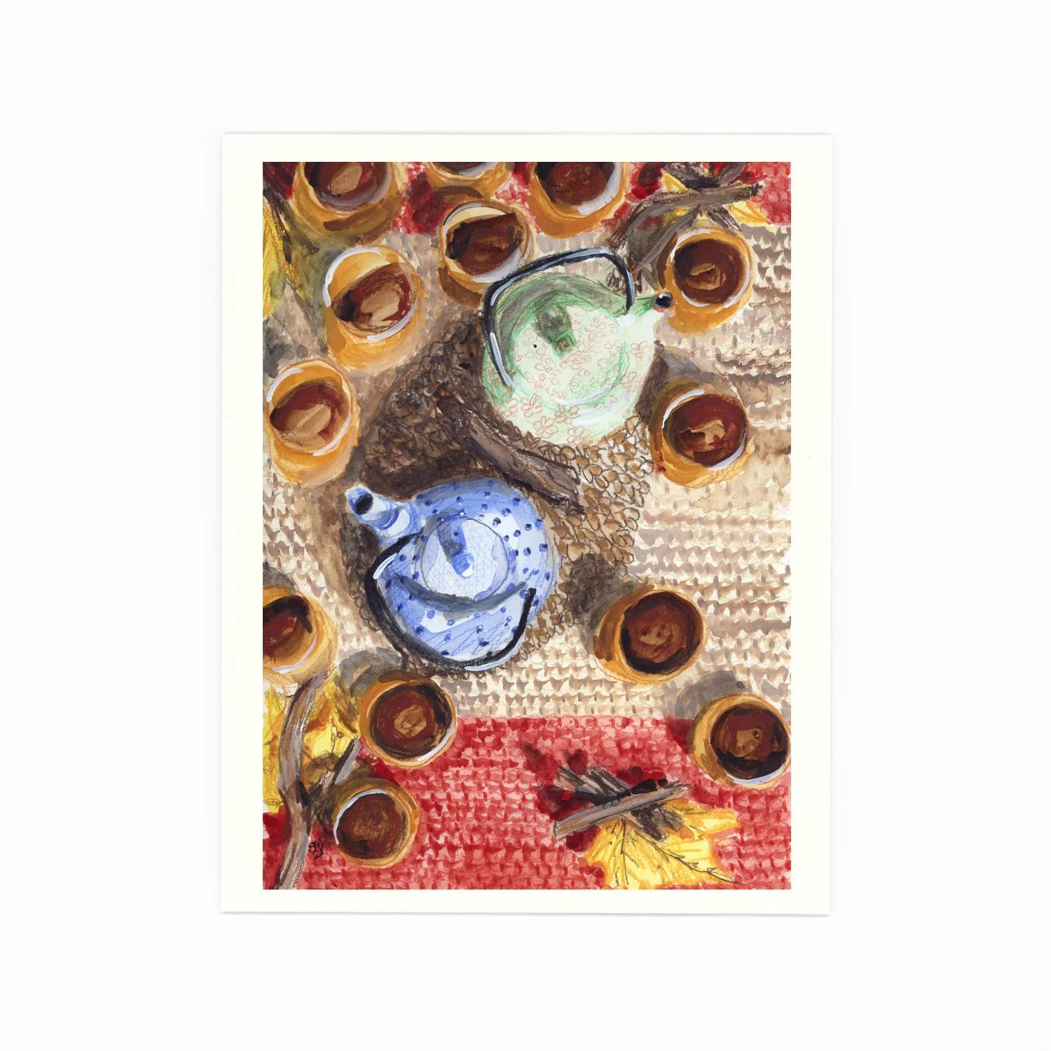 Painting of a teapot, cups, cinnamon sticks, autumn leaves, and a red tablecloth on a woven surface, with warm autumn colors.