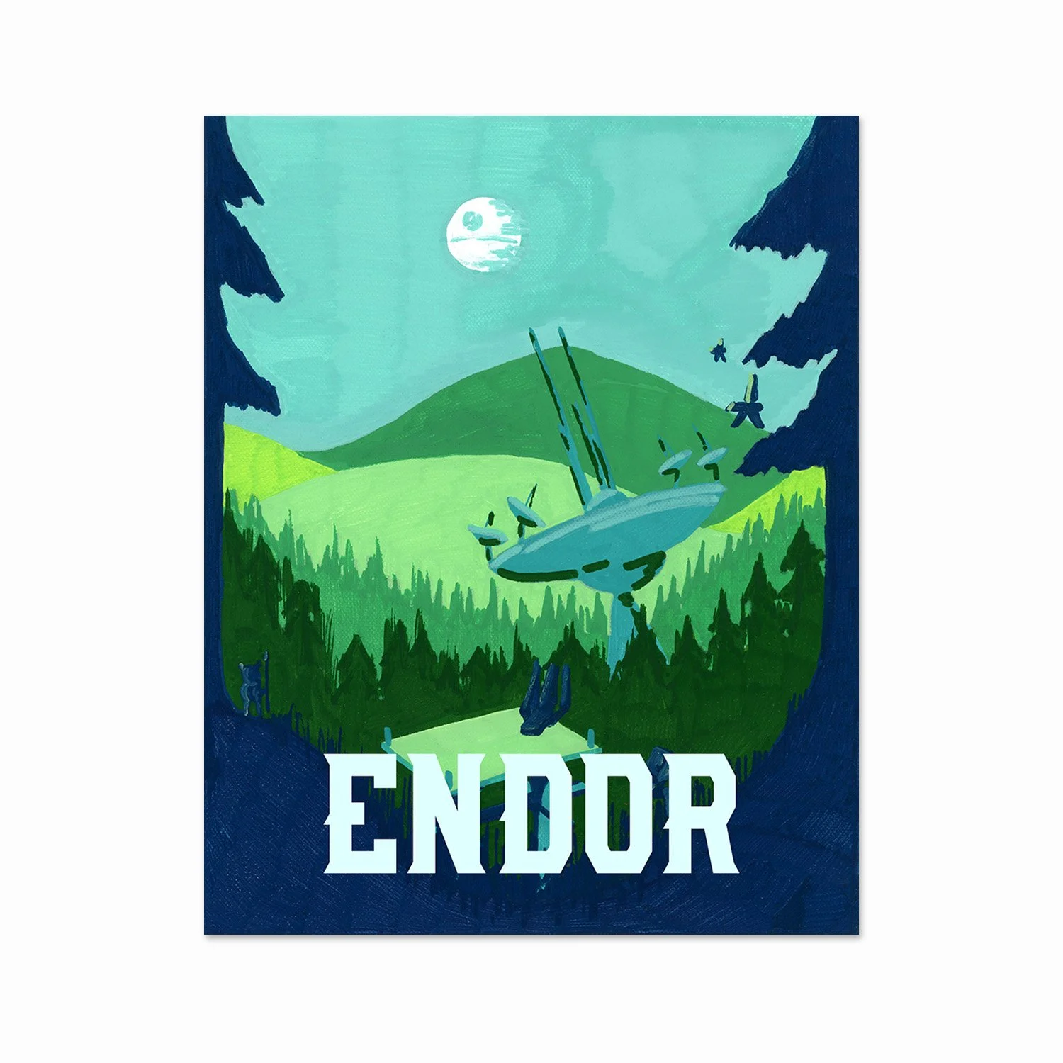 Poster of the video game Endor featuring an illustrated landscape with a forest, hills, and a raised platform with antennas, with a moon in the sky and the word 'ENDOR' at the bottom.