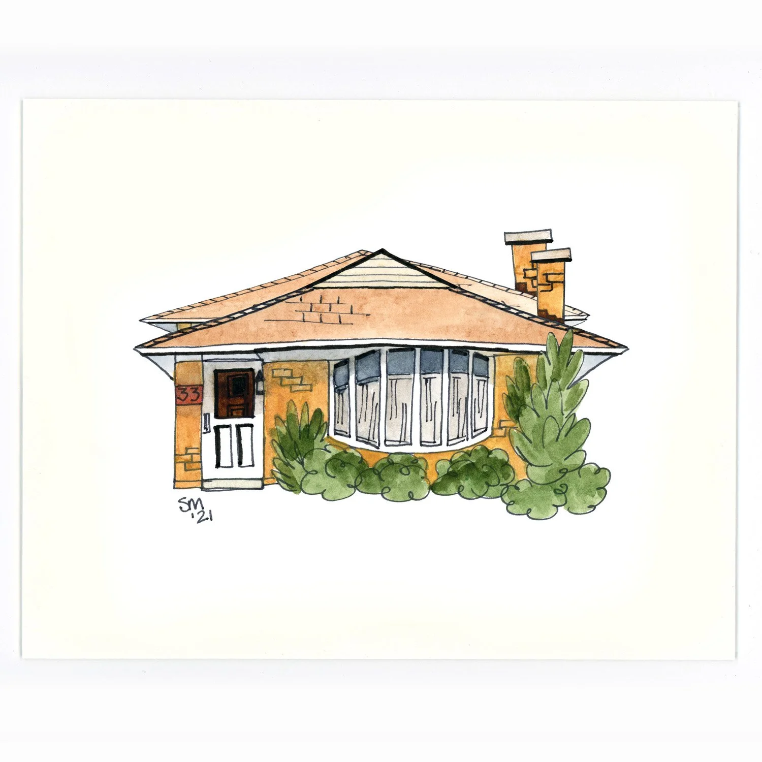 A hand-drawn watercolor illustration of a small brick house with a sloped roof, a bay window, a front door, and greenery surrounding the house. Signed 'SM '21' at the bottom left.