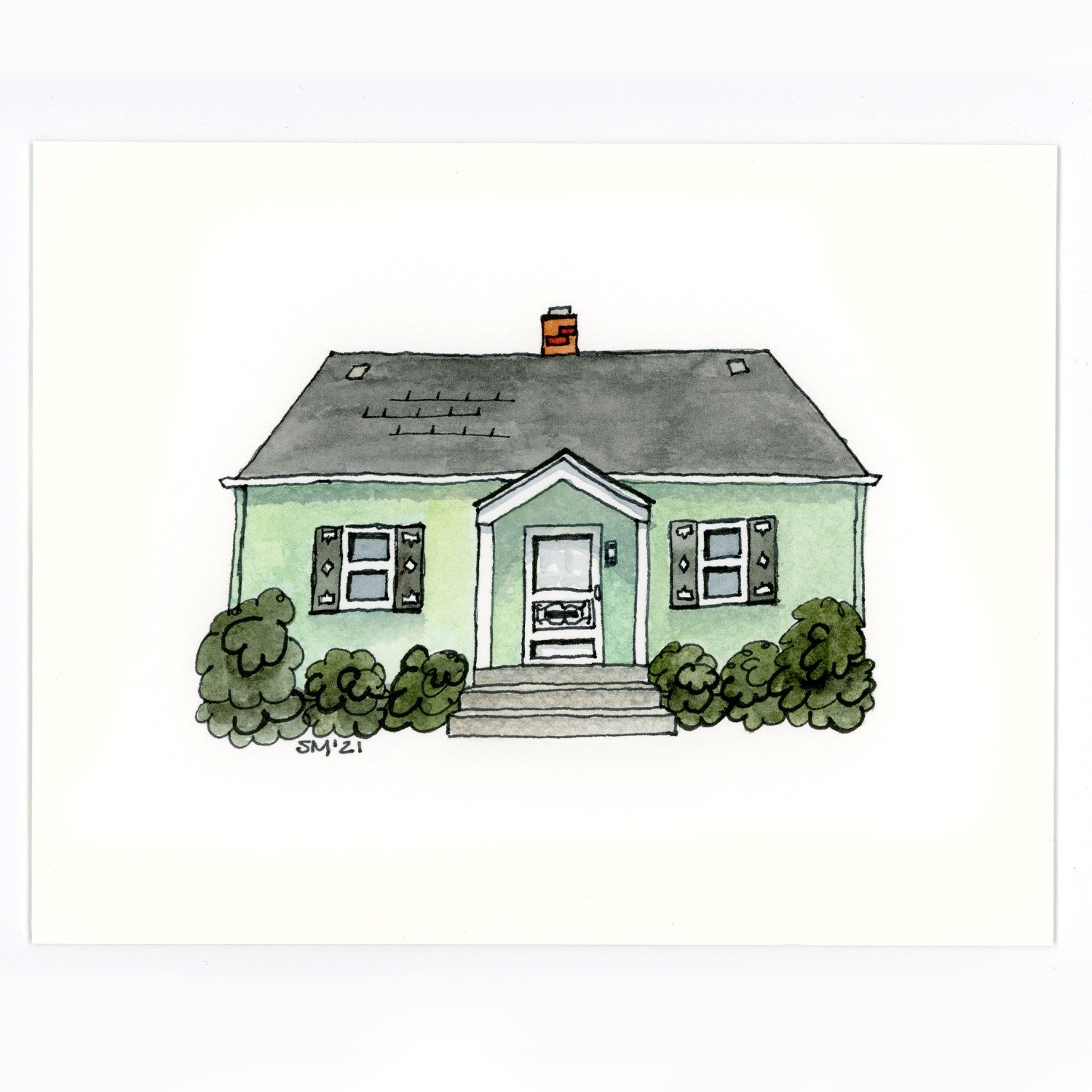 Hand-drawn watercolor illustration of a light green house with black shutters, a front door, steps, and bushes in front, signed "SN 21".