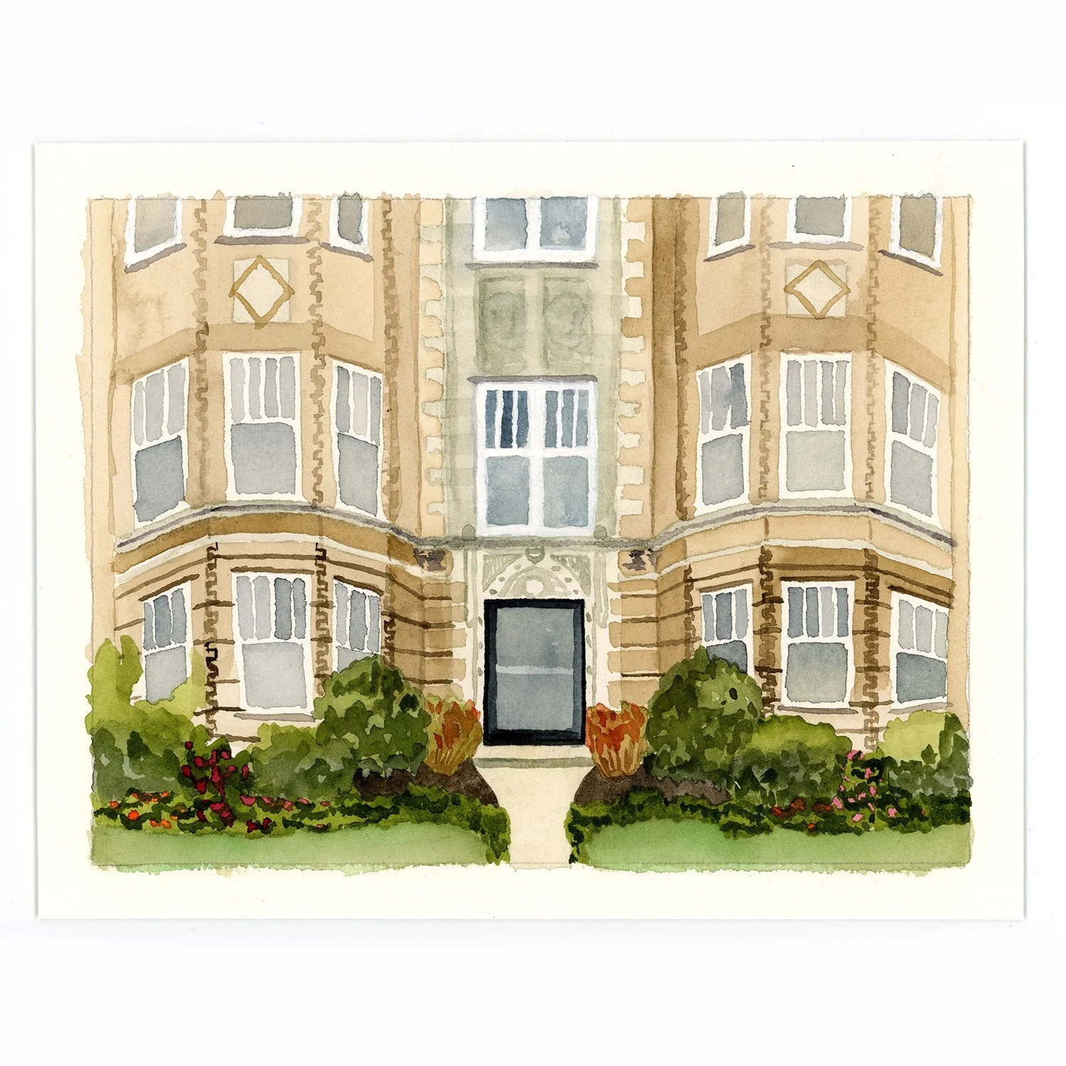 Watercolor painting of the front of a beige and green apartment building with windows and a central black door, surrounded by green bushes and colorful flowers.
