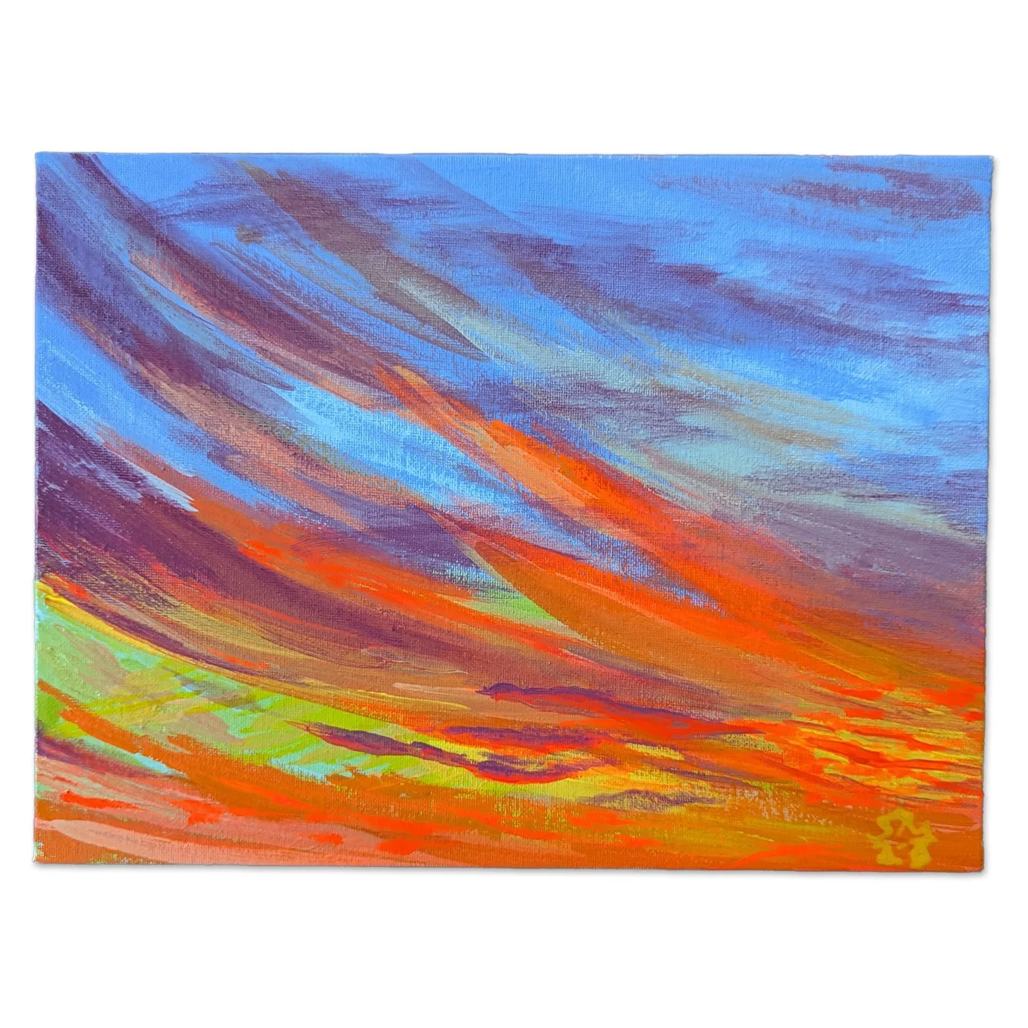 Abstract colorful painting with sweeping brushstrokes in shades of blue, purple, orange, yellow, and green.