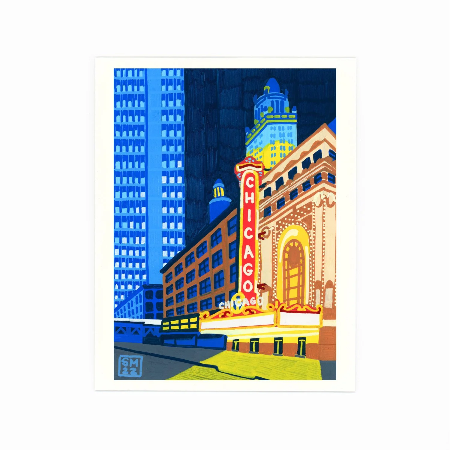 Colorful illustration of Chicago's skyline at night, featuring the Chicago Theatre marquee and skyscrapers in the background.