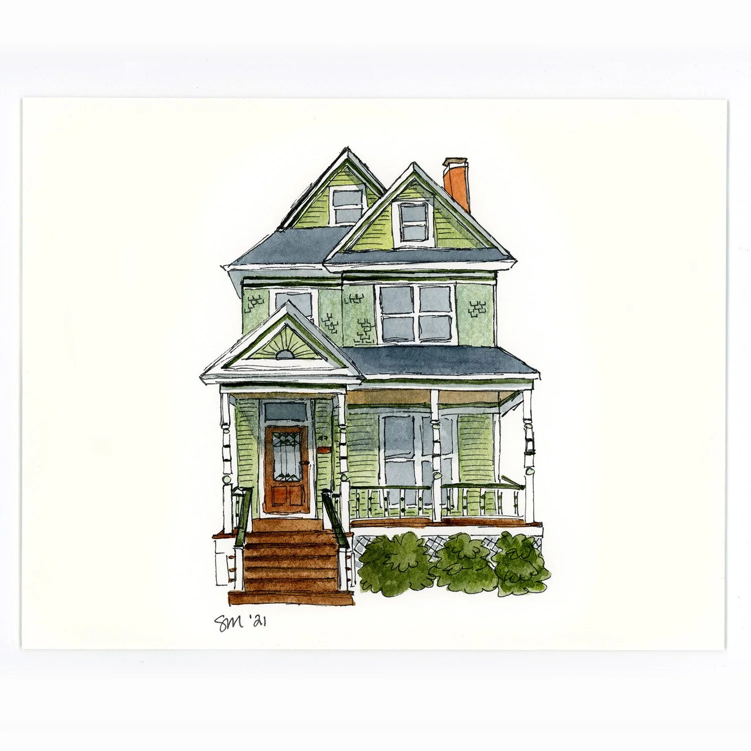 A watercolor illustration of a tall, green, Victorian-style house with multiple gabled roofs, a front porch with railings, a set of stairs leading to the front door, and bushes in front.