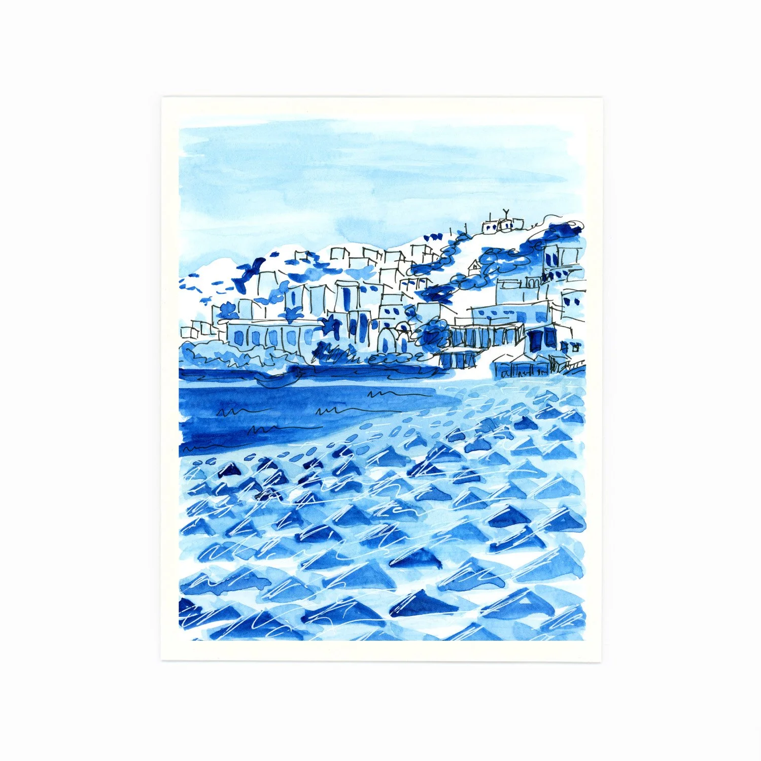 A watercolor painting of a hillside town overlooking a body of water, with buildings and trees in various shades of blue and white.