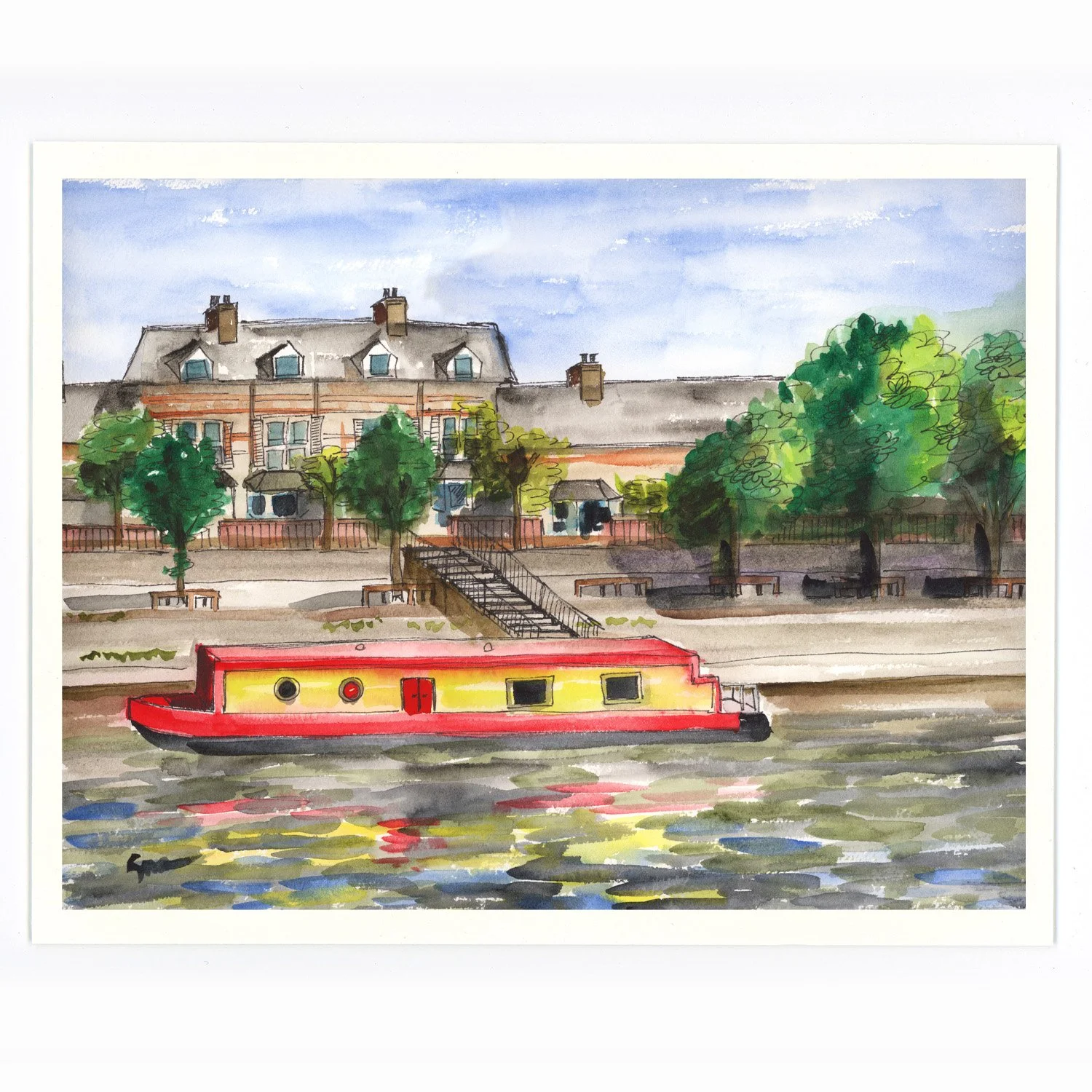 Waterfront scene with a red and yellow boat on the river, a riverside walkway with benches, a set of stairs, trees, and residential buildings in the background under a partly cloudy sky.
