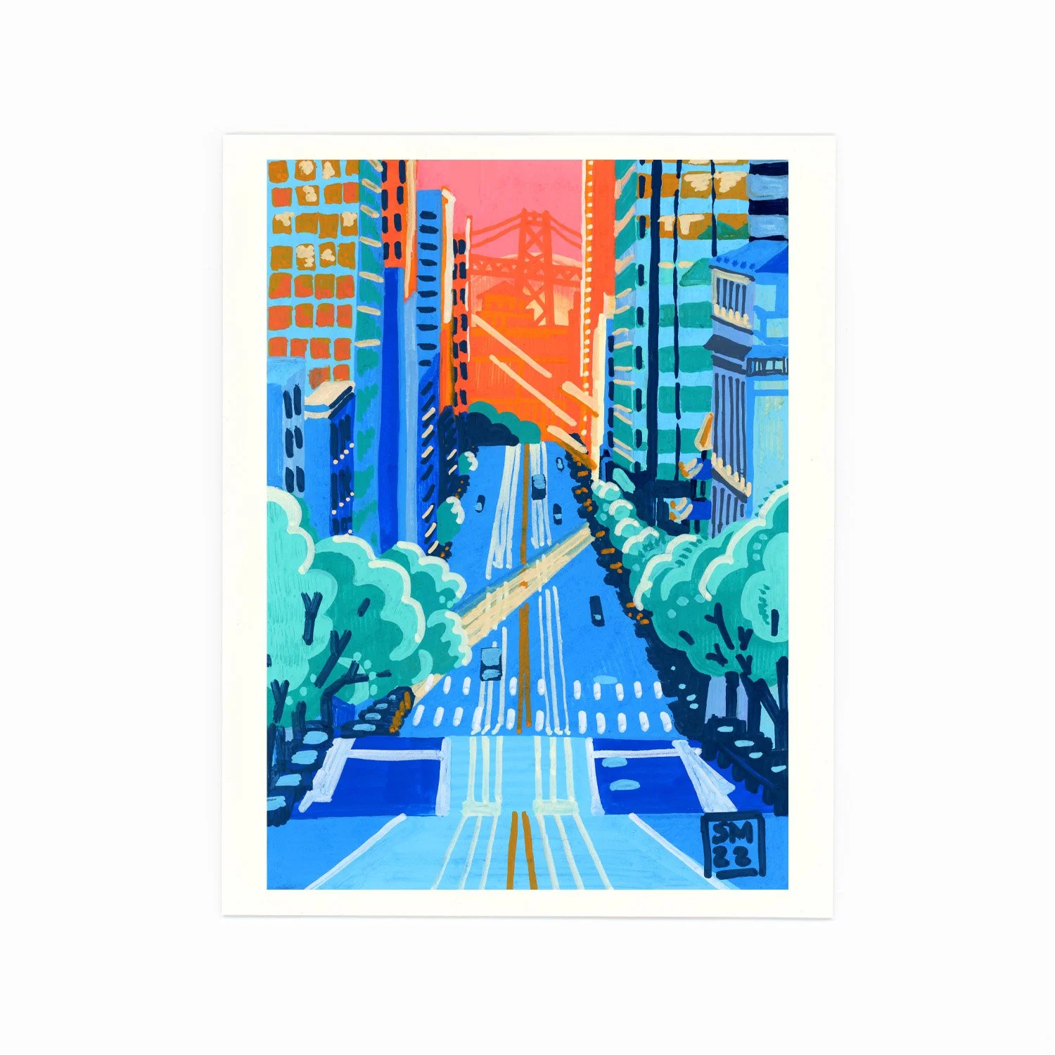 A vibrant painting of a city street with tall buildings, trees lining the sides, and a bridge in the distance, depicted in bright, bold colors and a stylized manner.