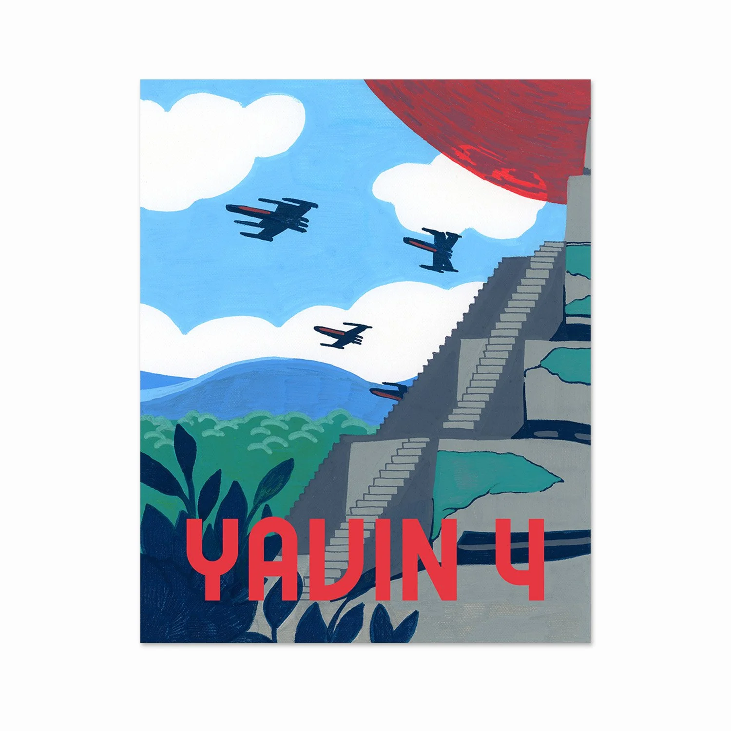 A vibrant illustrated poster featuring a mountain landscape with green hills, a staircase leading up a mountain, and stylized airplanes flying in a blue sky with clouds. The text 'YADIN 4' is prominently displayed in bold red letters at the bottom.