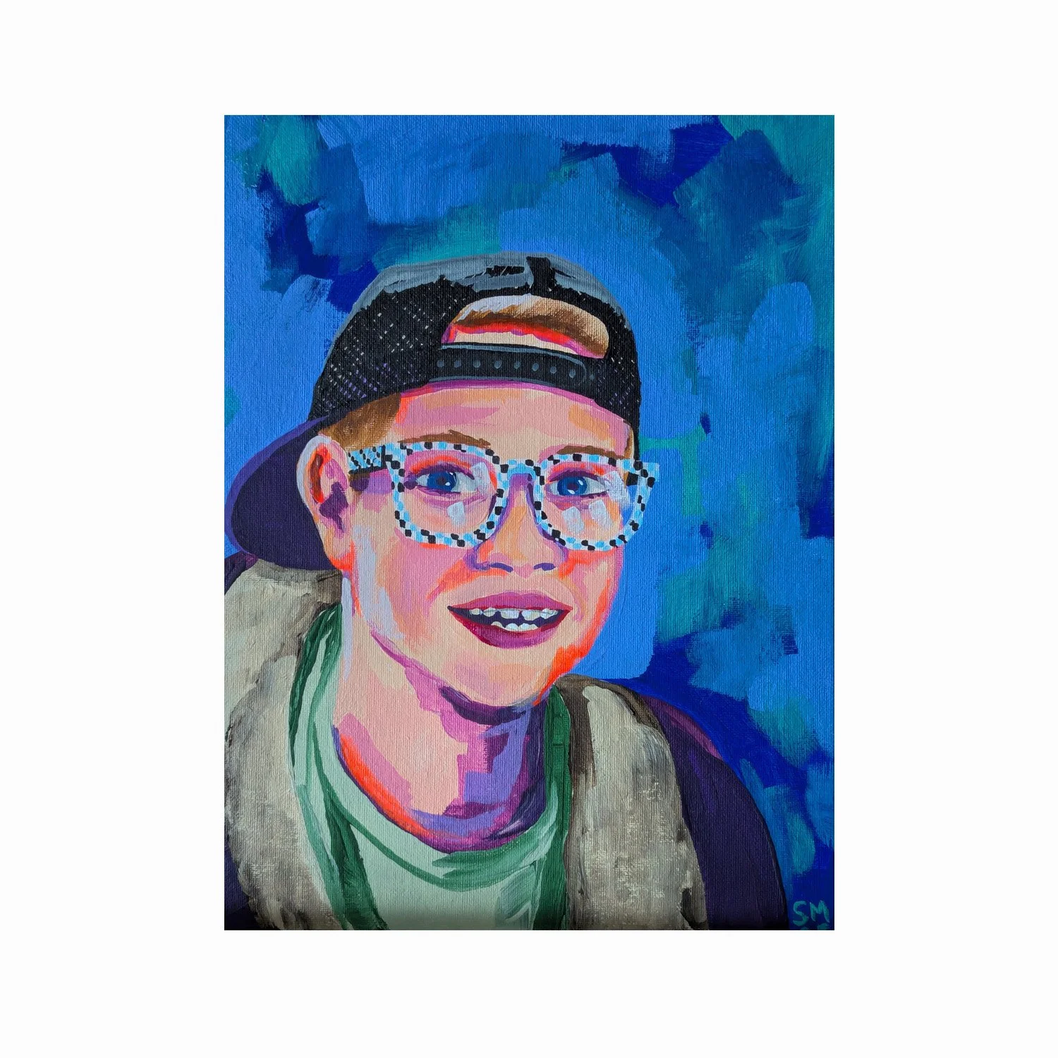 A colorful painting of a smiling woman wearing large patterned glasses, a backwards black baseball cap, and a green shirt, with a blue abstract background.